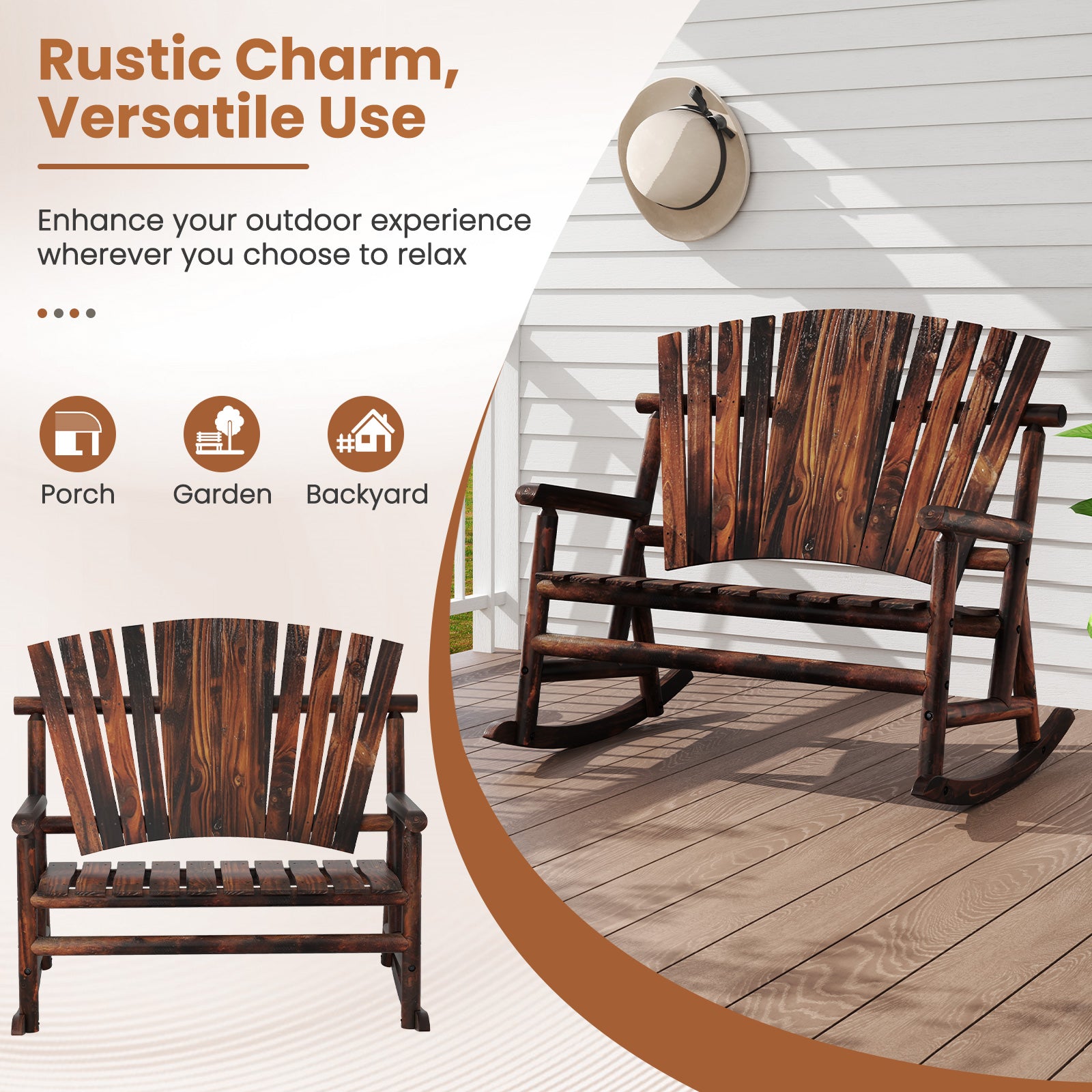 Outdoor Adirondack Rocking Chair, High Back Slatted Seat, Brown Adirondack Chairs at Gallery Canada