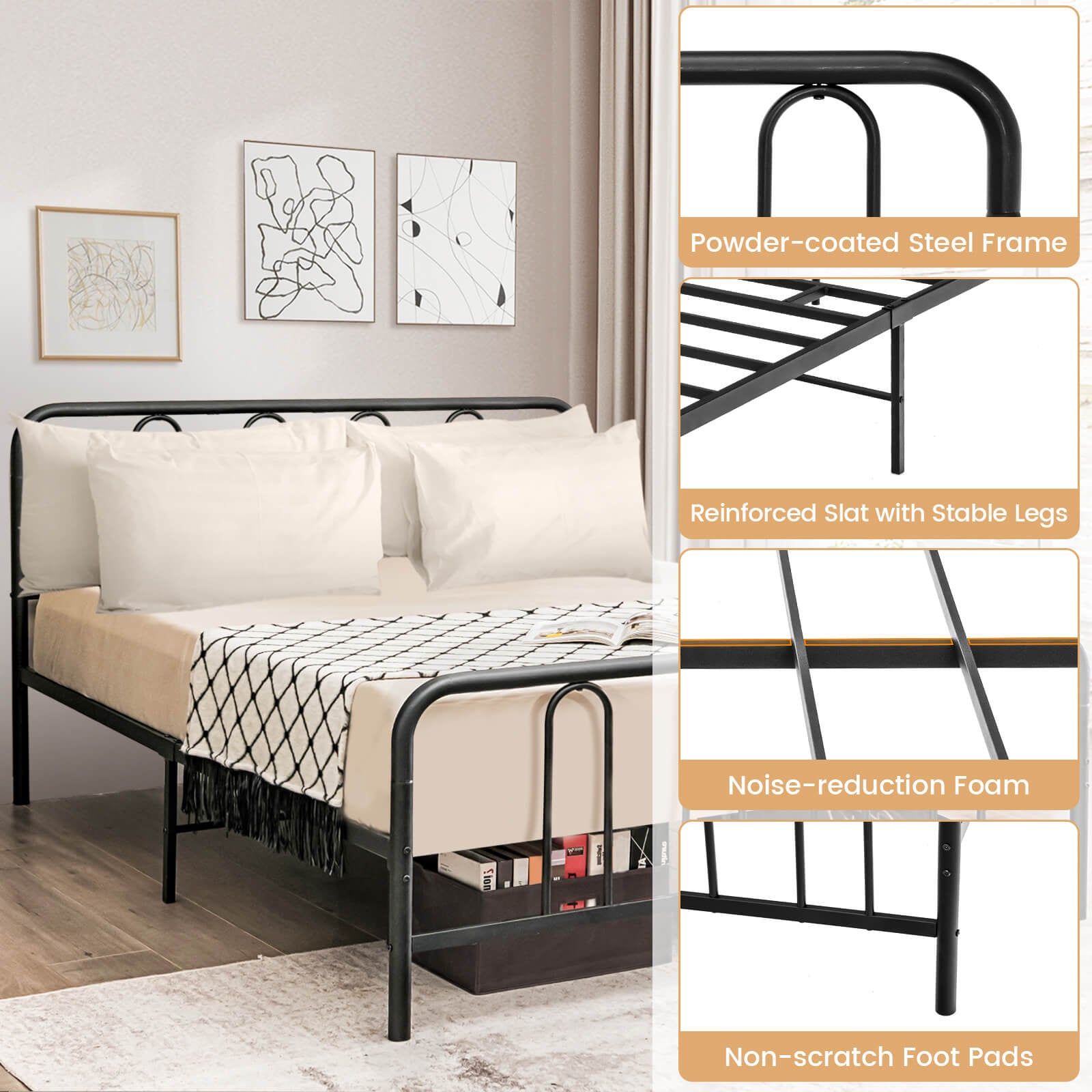 Full Queen Size Metal Bed Frame, Headboard Footboard, Black Simple Bed Frame at Gallery Canada