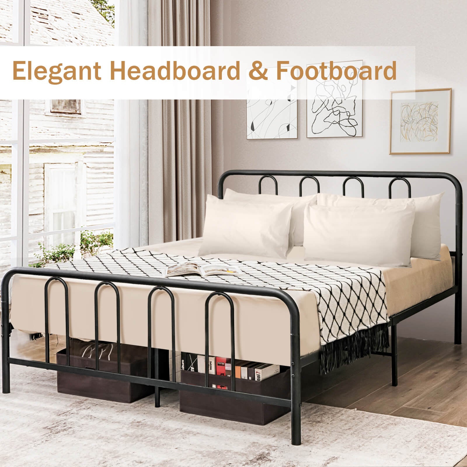 Full Queen Size Metal Bed Frame, Headboard Footboard, Black Simple Bed Frame at Gallery Canada