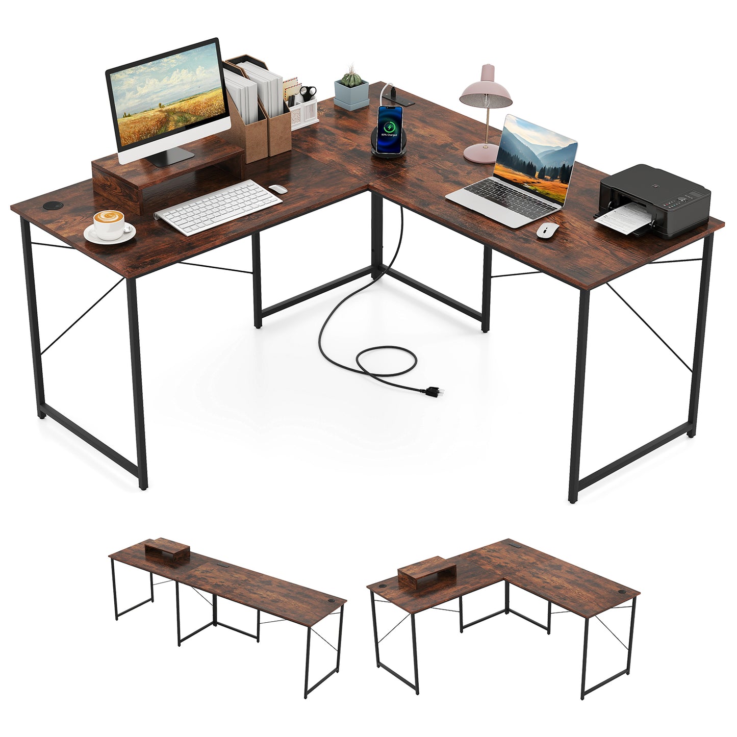 95 Inch L-Shaped Reversible Computer Desk, Rustic Brown L-Shaped Desks at Gallery Canada