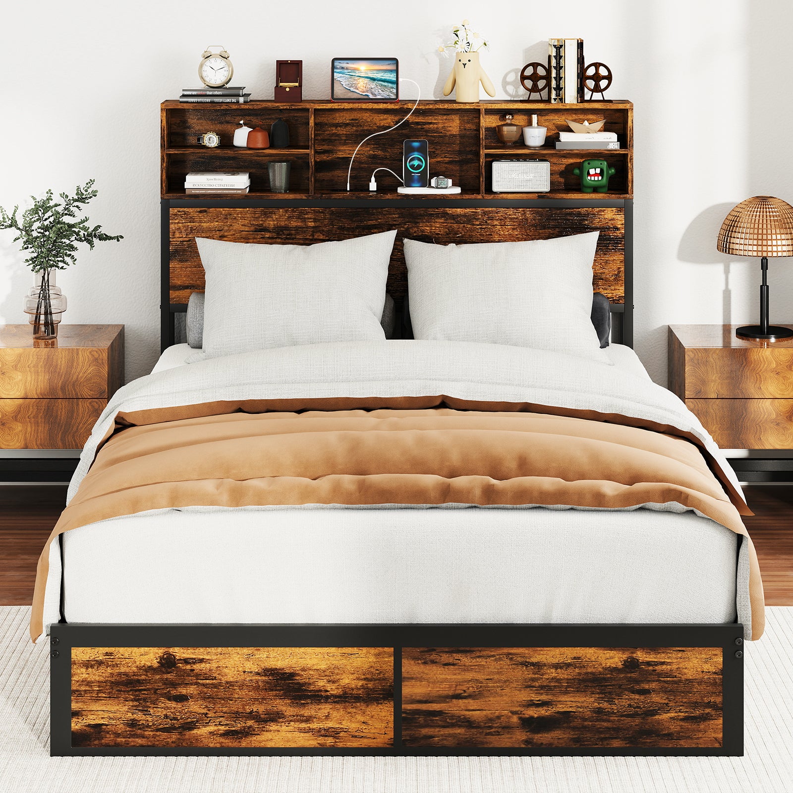 Full King Size Bed Frame, Storage Headboard, Industrial Metal Platform, Rustic Brown Simple Bed Frame at Gallery Canada