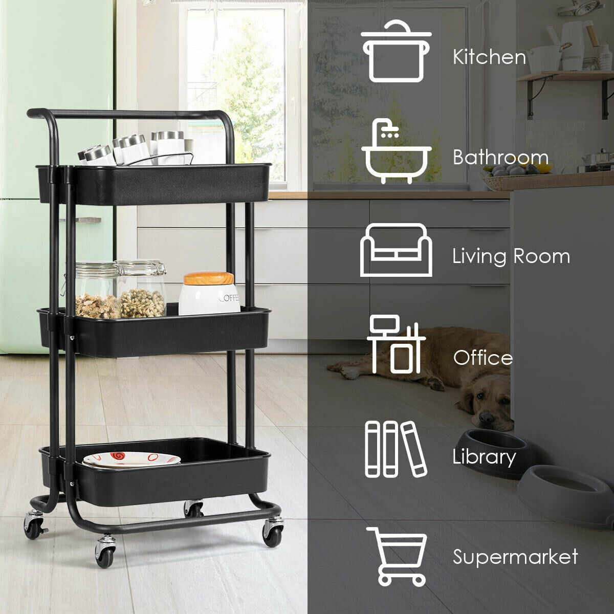 3-Tier Utility Cart, Rolling Storage Cart With Casters, Black Kitchen Islands & Carts at Gallery Canada