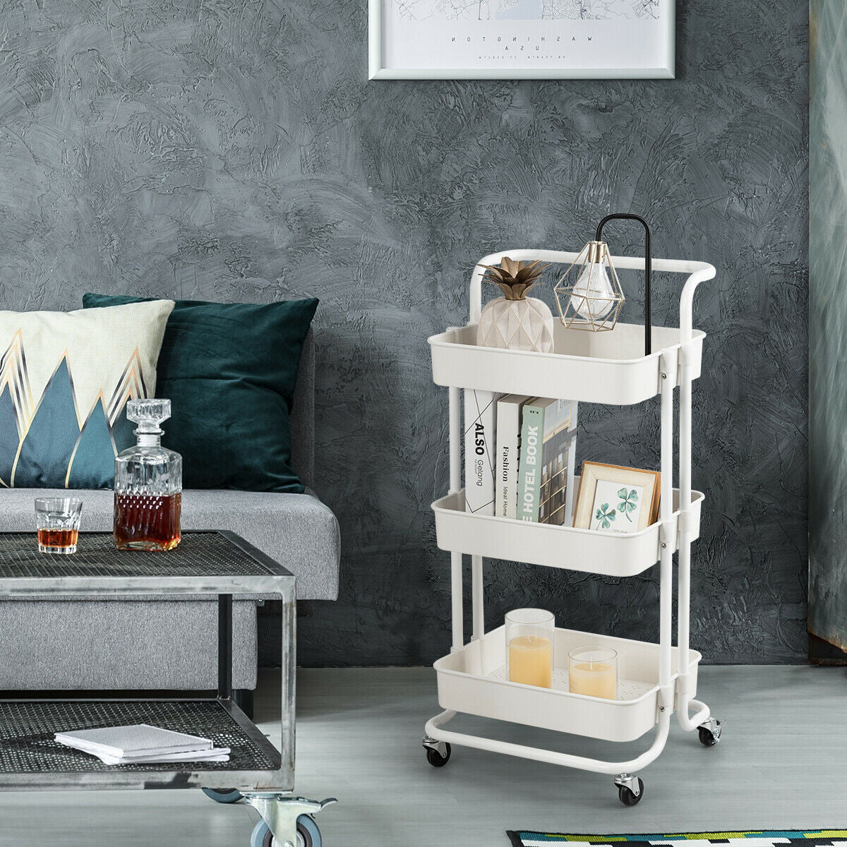 3-Tier Utility Cart With Casters, White Kitchen Islands & Carts at Gallery Canada