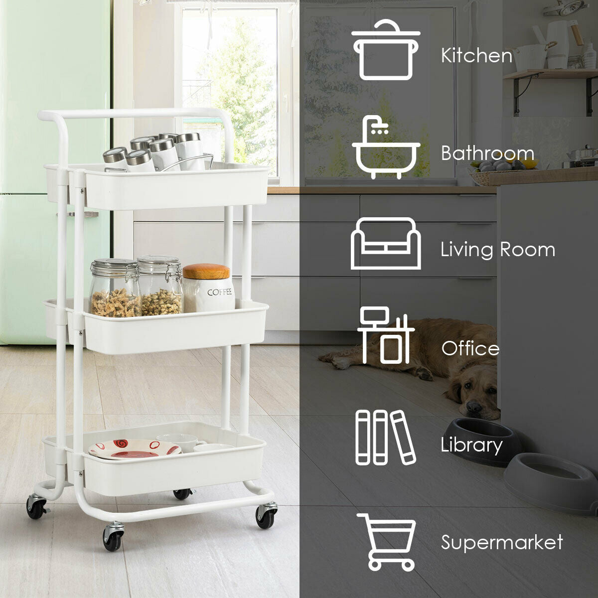 3-Tier Utility Cart With Casters, White Kitchen Islands & Carts at Gallery Canada