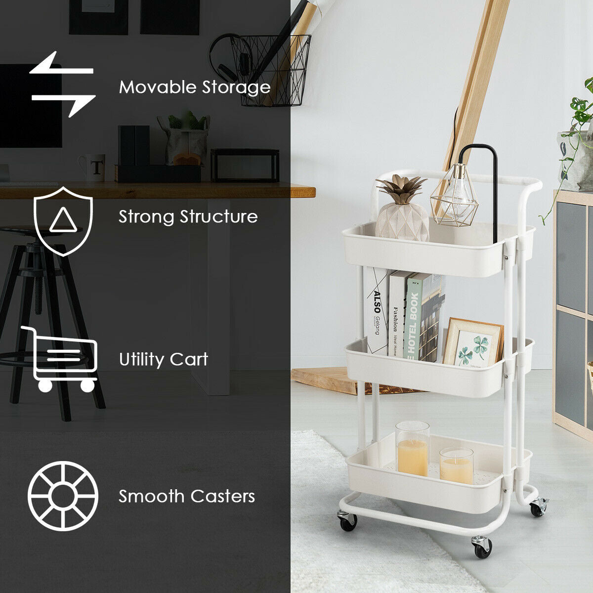 3-Tier Utility Cart With Casters, White Kitchen Islands & Carts at Gallery Canada