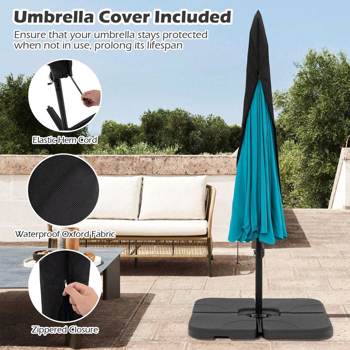 10 Feet Patio Cantilever Umbrella, Tilt Adjustment, Ruffled Edge, Turquoise Outdoor Umbrellas at Gallery Canada