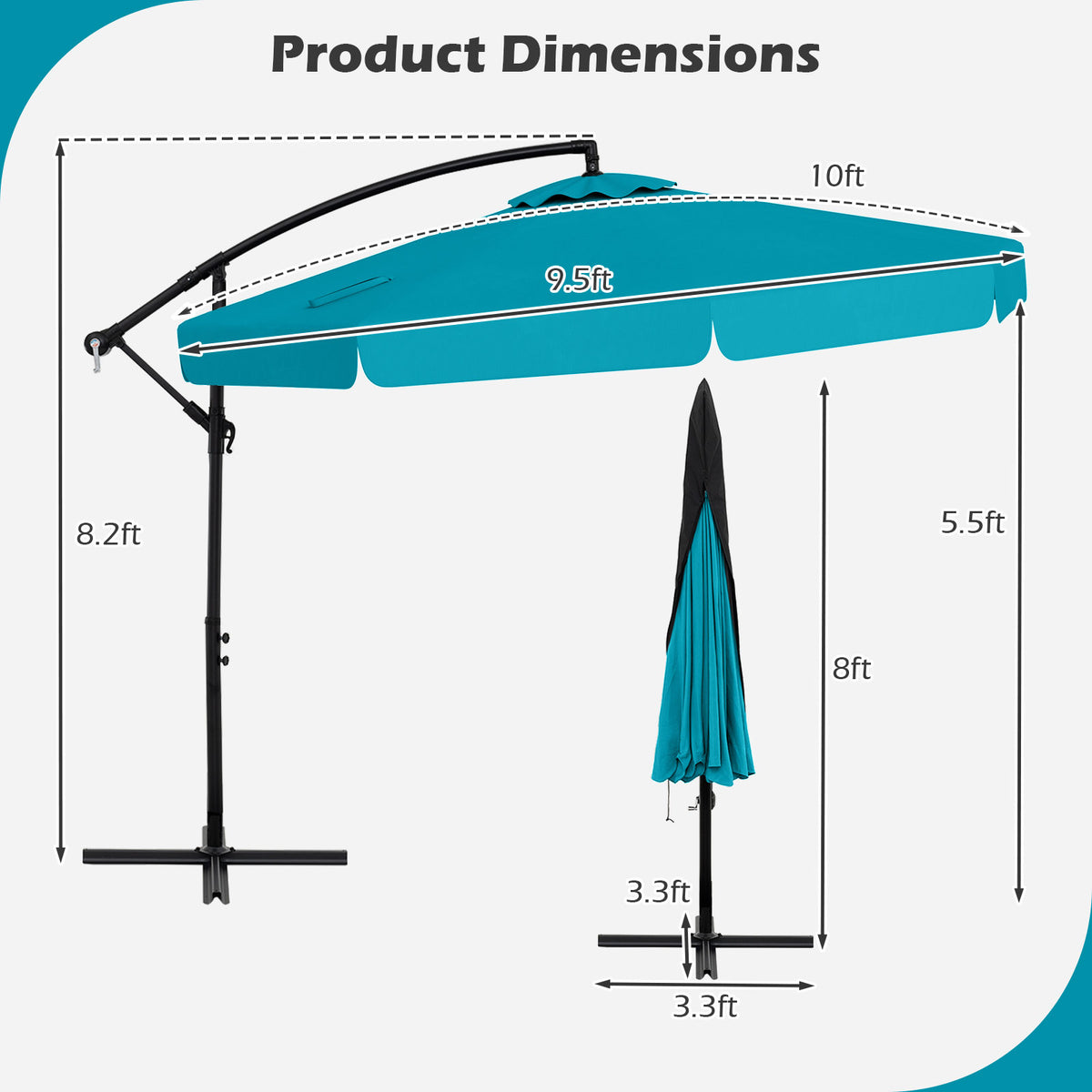 10 Feet Patio Cantilever Umbrella, Tilt Adjustment, Ruffled Edge, Turquoise Outdoor Umbrellas at Gallery Canada