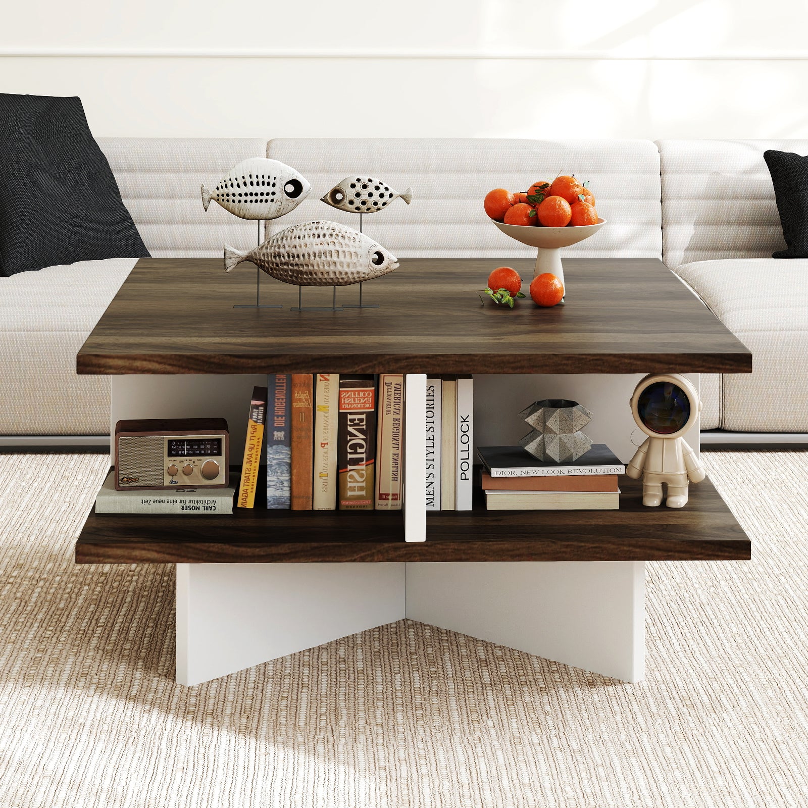 2-Tier Square Coffee Table, 4 Storage Compartments, Walnut Coffee Tables at Gallery Canada