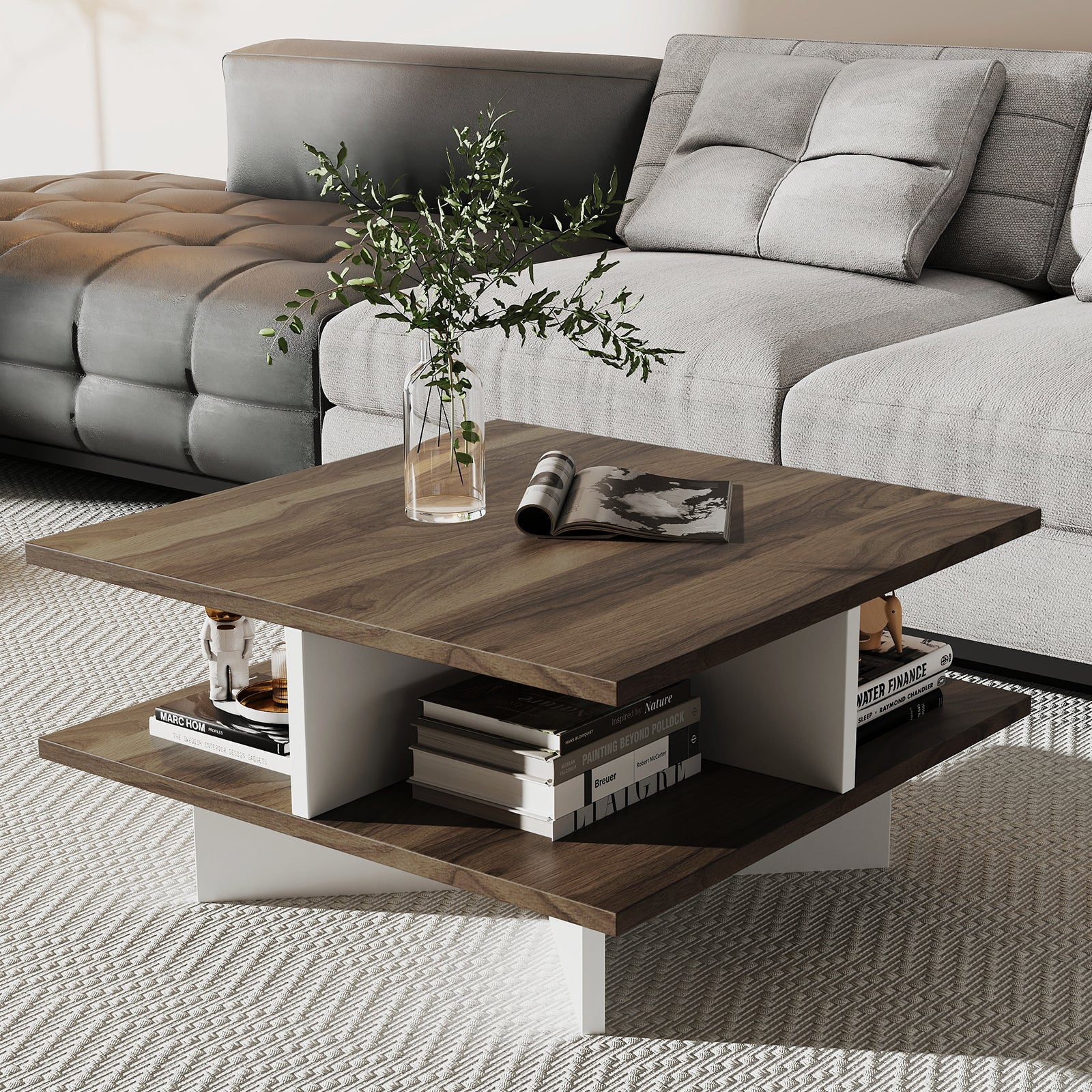 2-Tier Square Coffee Table, 4 Storage Compartments, Walnut Coffee Tables at Gallery Canada