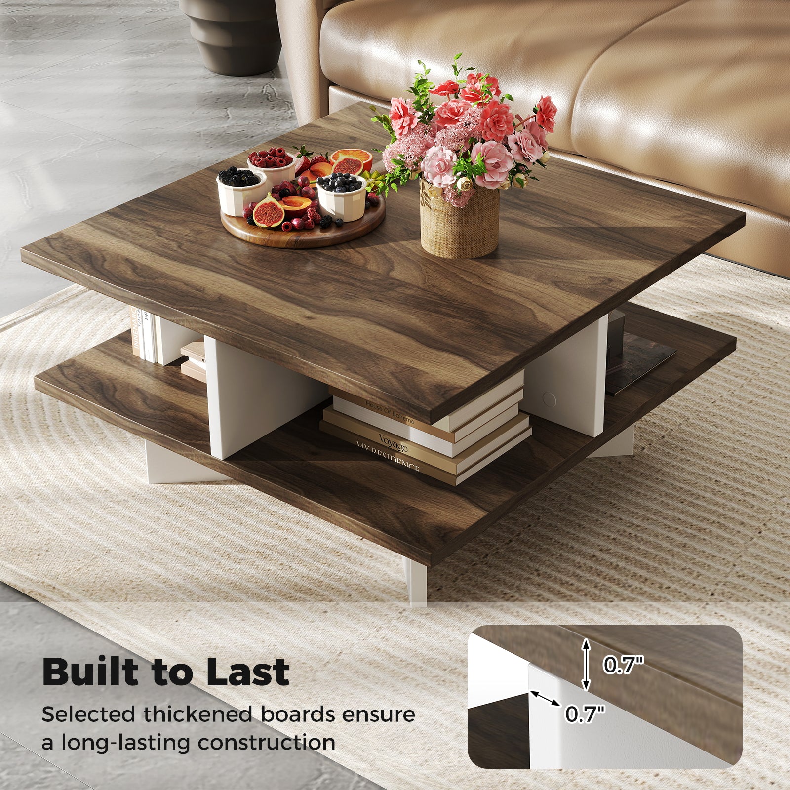 2-Tier Square Coffee Table, 4 Storage Compartments, Walnut Coffee Tables at Gallery Canada