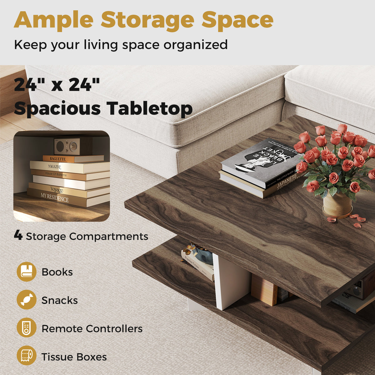 2-Tier Square Coffee Table, 4 Storage Compartments, Walnut Coffee Tables at Gallery Canada
