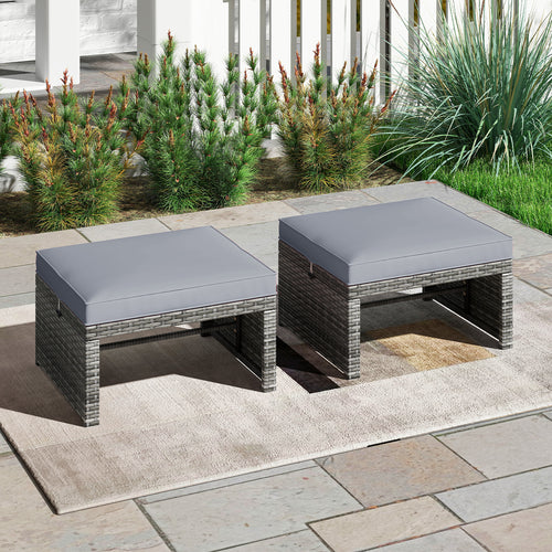 2 Pieces Patio PE Rattan Ottomans, With Zippered Cushions, Gray