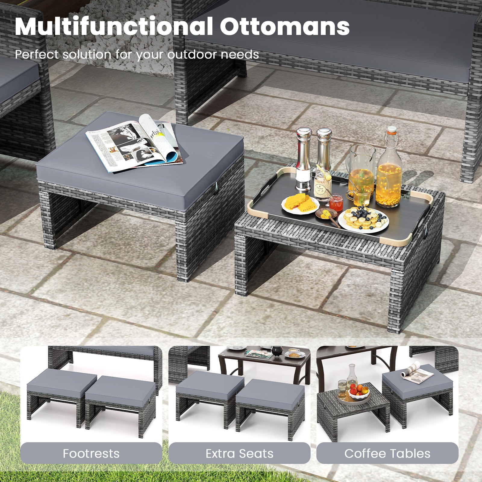 2 Pieces Patio PE Rattan Ottomans, With Zippered Cushions, Gray Outdoor Seating & Patio Chairs at Gallery Canada