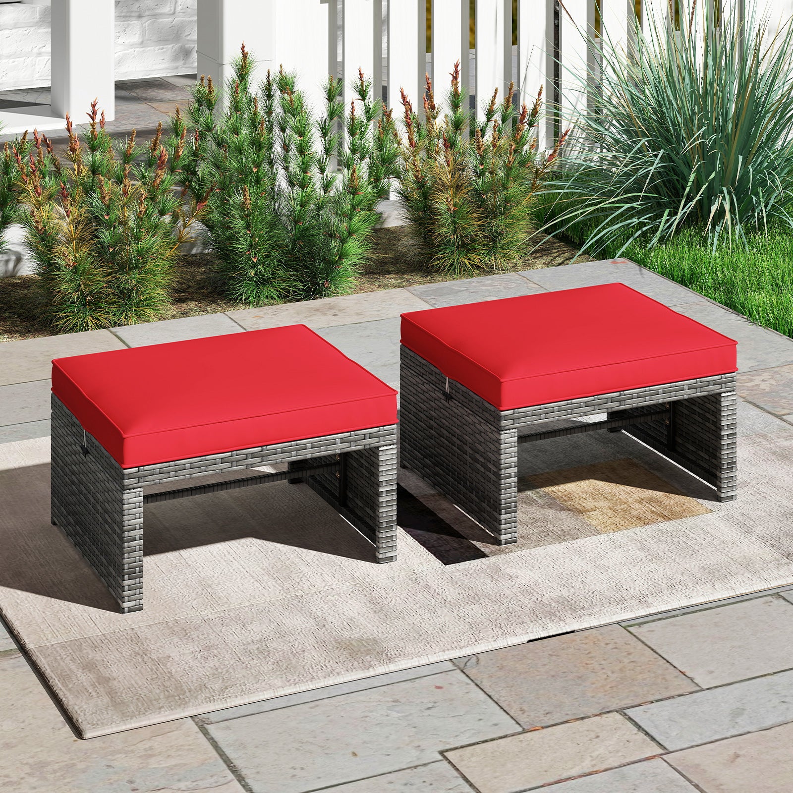 Patio PE Rattan Ottomans, 2 Pieces, Soft Zippered Cushions, Red Outdoor Seating & Patio Chairs at Gallery Canada