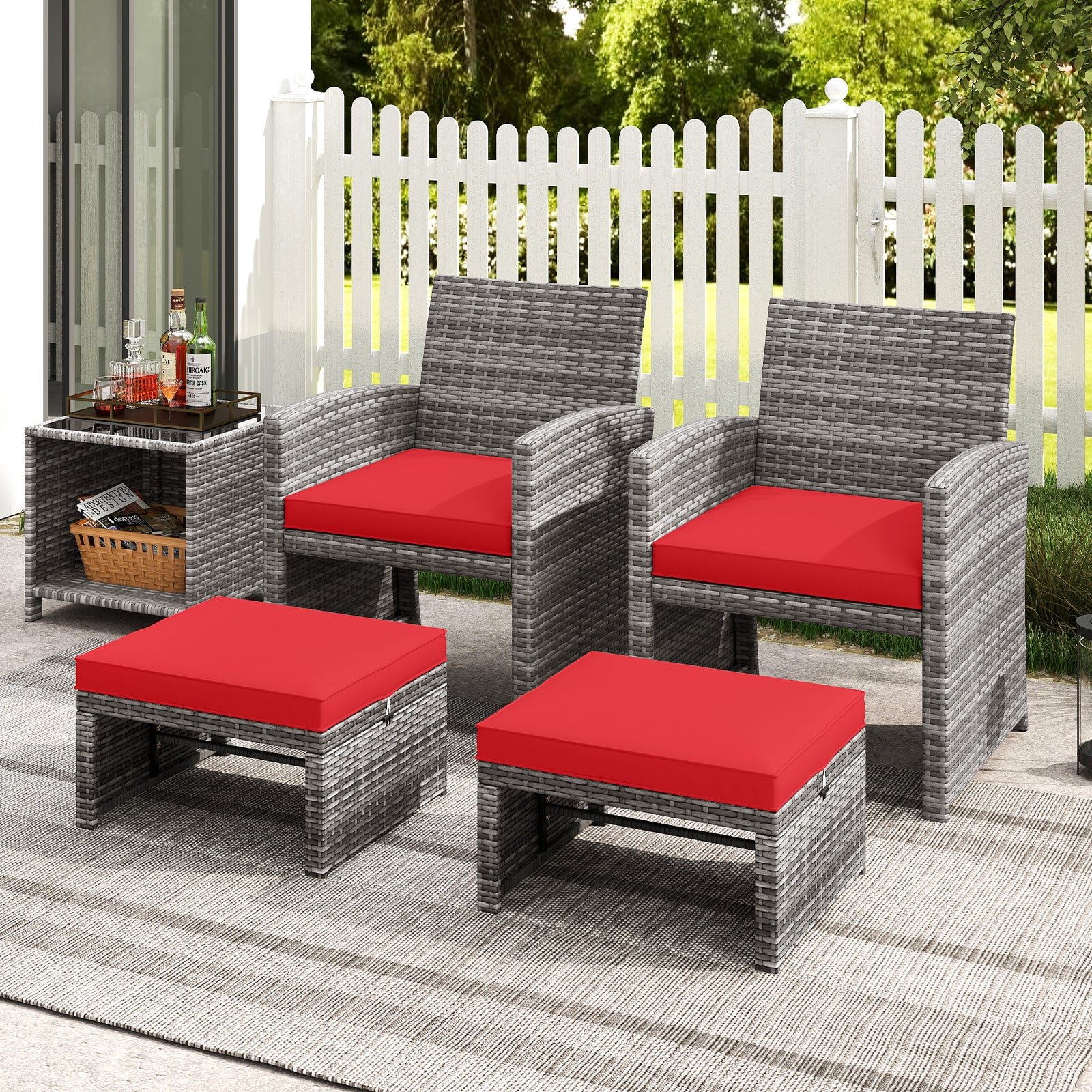 Patio PE Rattan Ottomans, 2 Pieces, Soft Zippered Cushions, Red Outdoor Seating & Patio Chairs at Gallery Canada