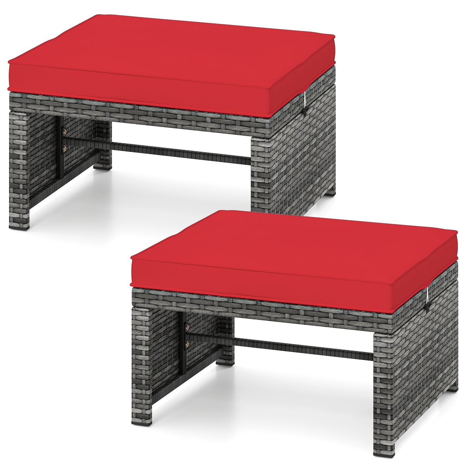 Patio PE Rattan Ottomans, 2 Pieces, Soft Zippered Cushions, Red Outdoor Seating & Patio Chairs at Gallery Canada