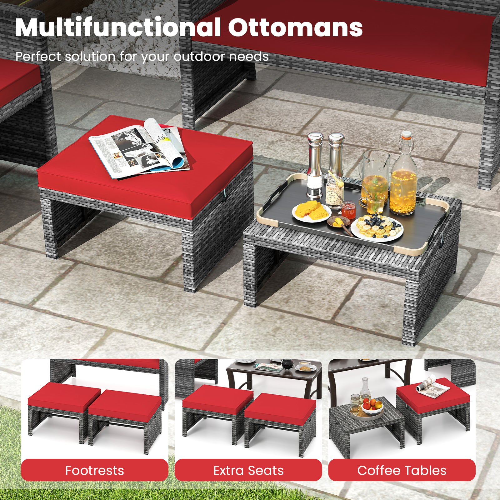 Patio PE Rattan Ottomans, 2 Pieces, Soft Zippered Cushions, Red Outdoor Seating & Patio Chairs at Gallery Canada