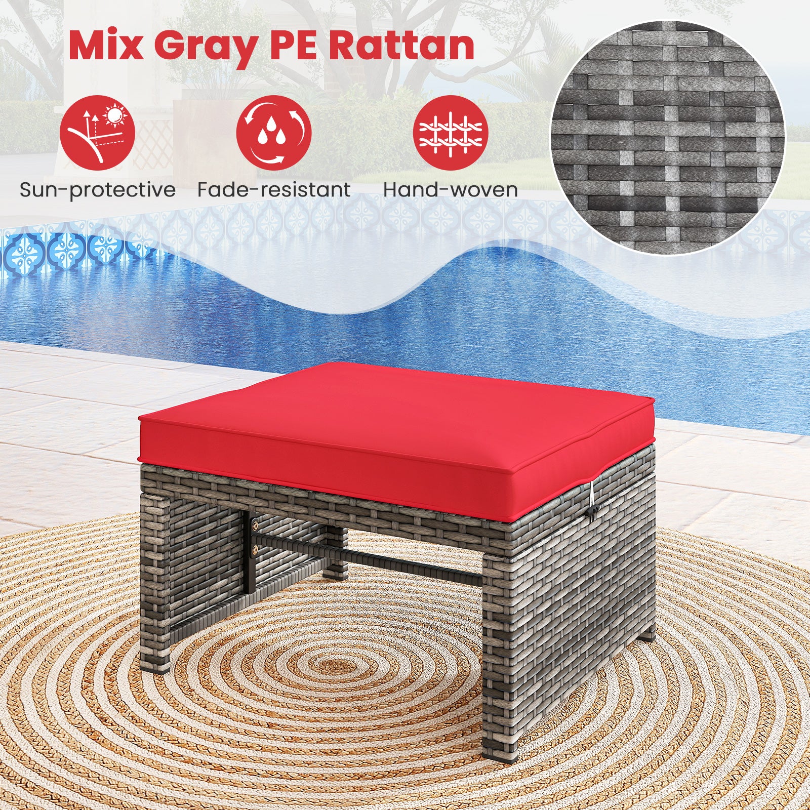 Patio PE Rattan Ottomans, 2 Pieces, Soft Zippered Cushions, Red Outdoor Seating & Patio Chairs at Gallery Canada