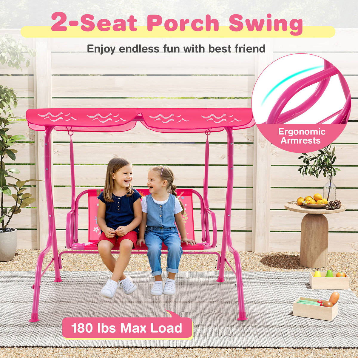 2-Seater Kids Patio Swing, Metal Stand, Adjustable Canopy, Pink Swing & Playsets at Gallery Canada