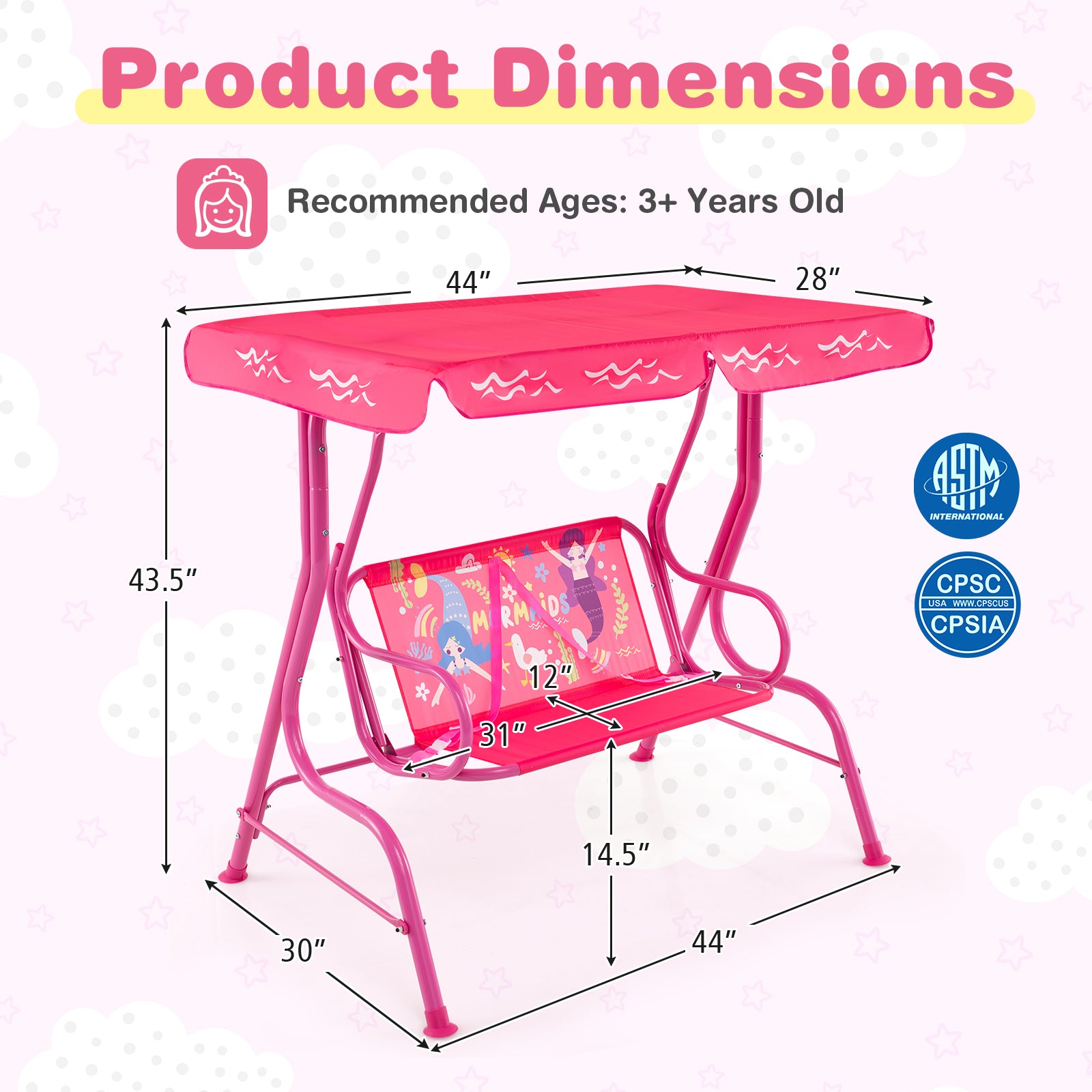 2-Seater Kids Patio Swing, Metal Stand, Adjustable Canopy, Pink Swing & Playsets at Gallery Canada