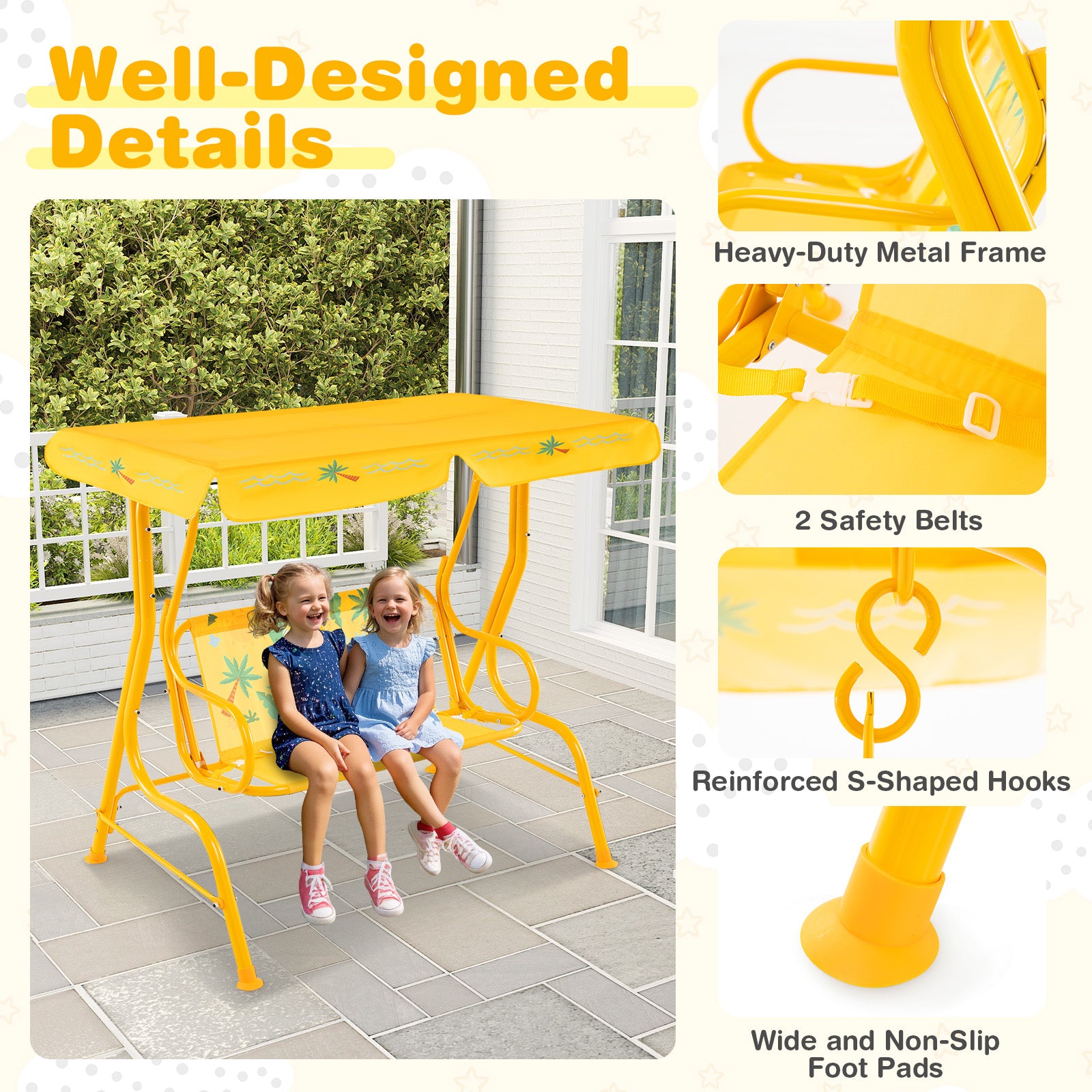2-Seater Kids Patio Swing, Metal Stand, Adjustable Canopy, Yellow Swing & Playsets at Gallery Canada