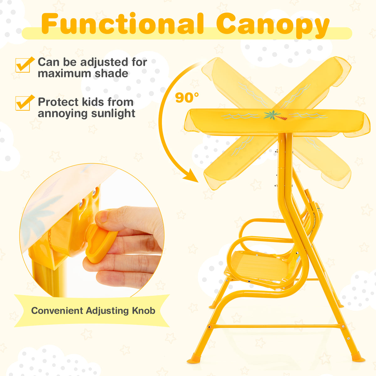 2-Seater Kids Patio Swing, Metal Stand, Adjustable Canopy, Yellow Swing & Playsets at Gallery Canada