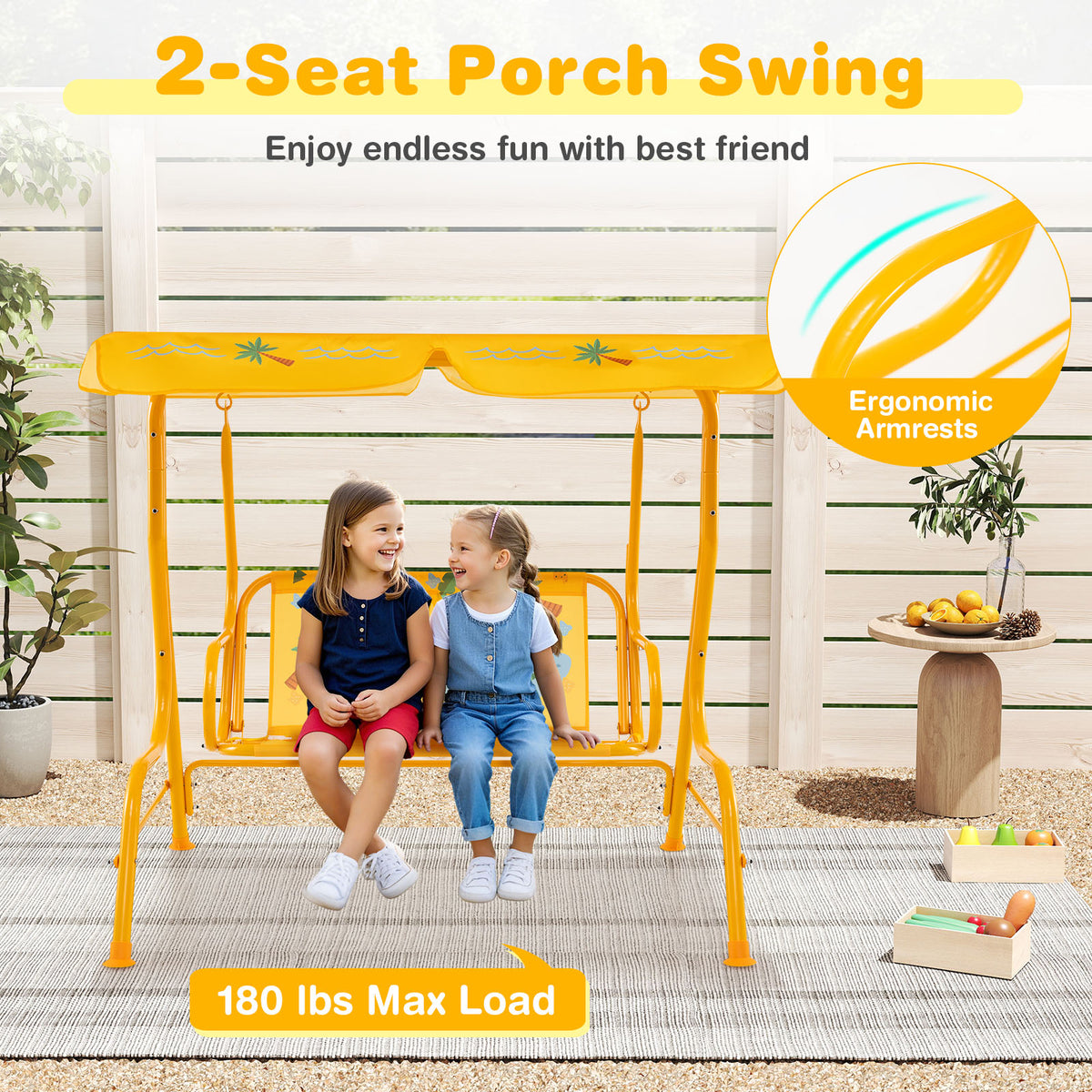 2-Seater Kids Patio Swing, Metal Stand, Adjustable Canopy, Yellow Swing & Playsets at Gallery Canada