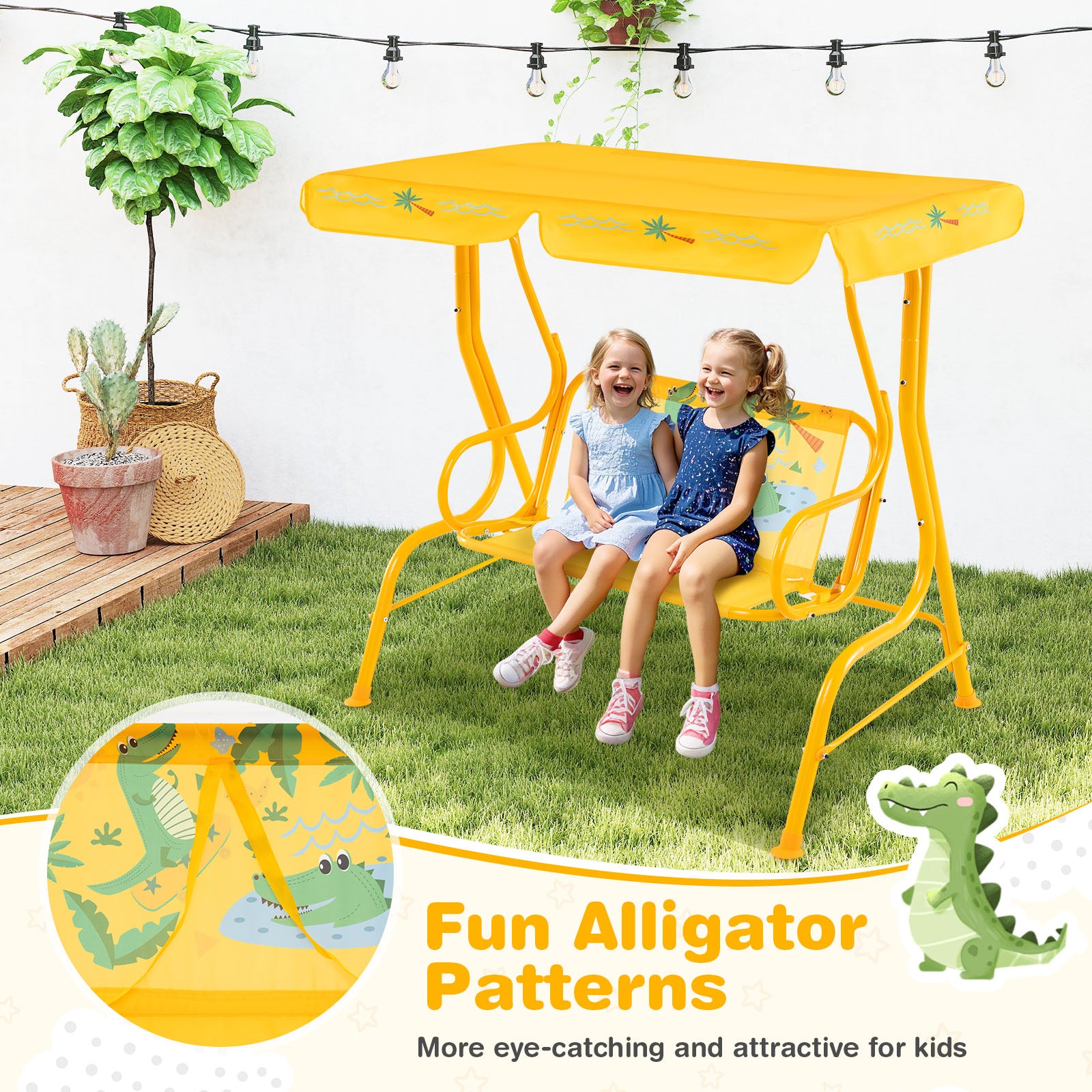 2-Seater Kids Patio Swing, Metal Stand, Adjustable Canopy, Yellow Swing & Playsets at Gallery Canada