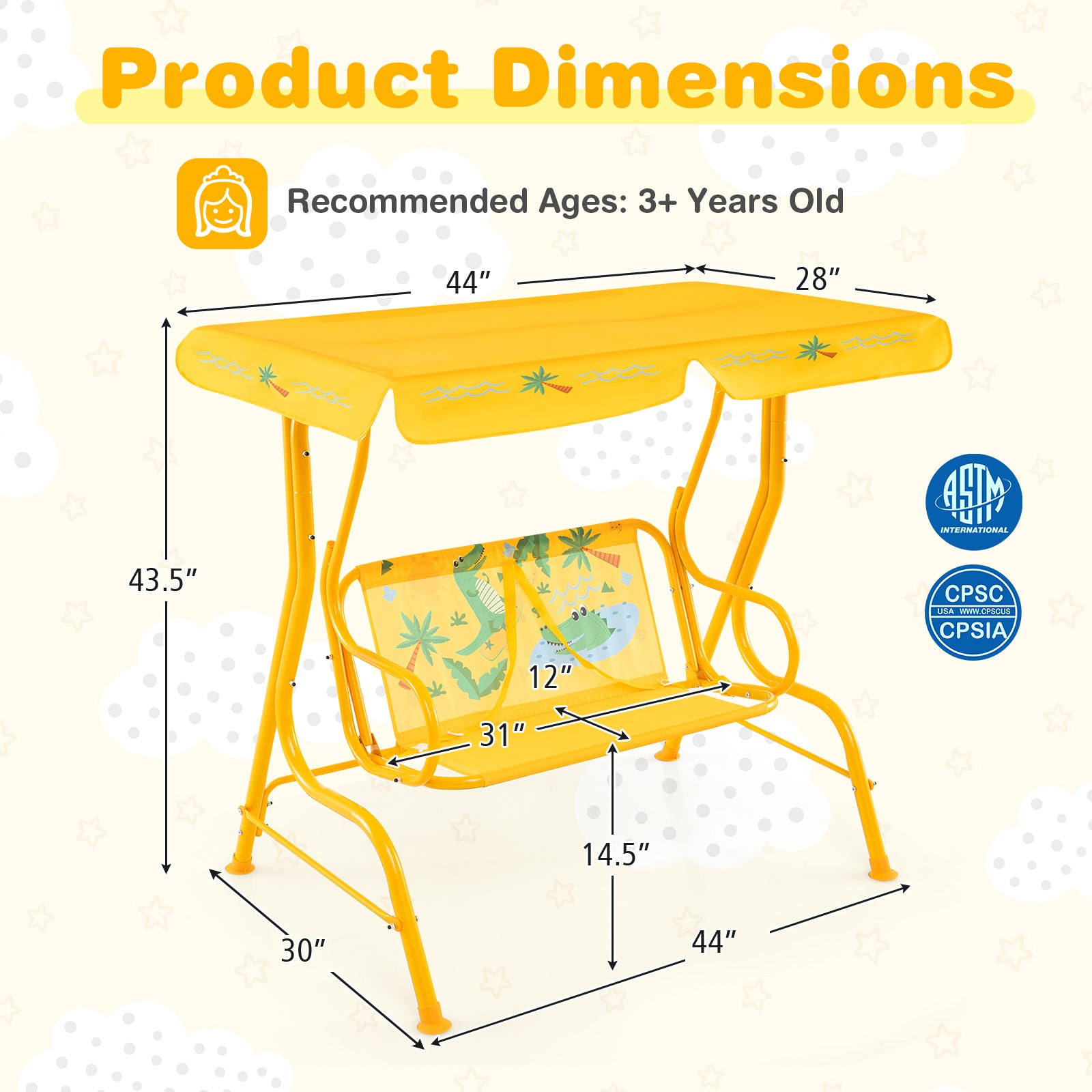 2-Seater Kids Patio Swing, Metal Stand, Adjustable Canopy, Yellow Swing & Playsets at Gallery Canada