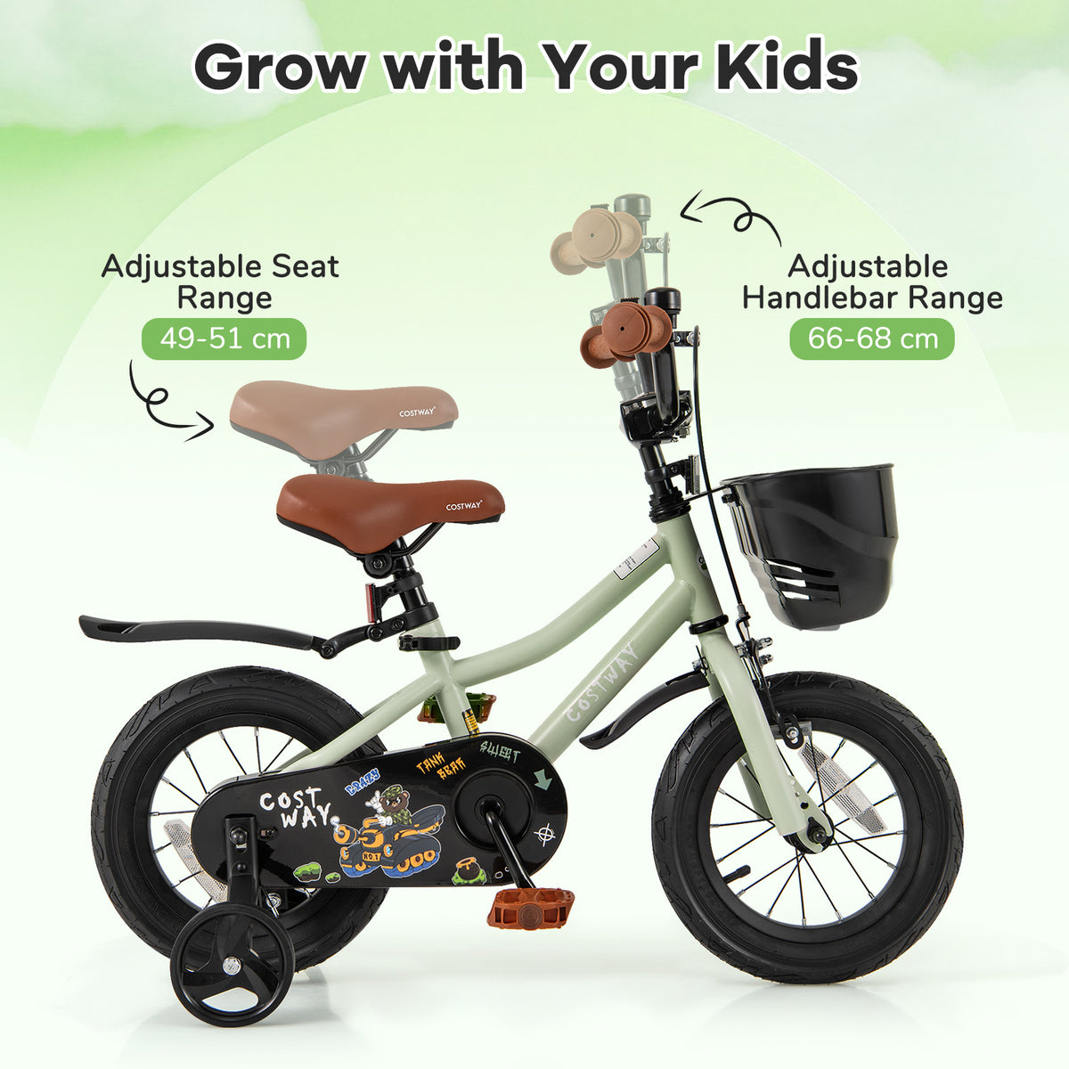 12-Inch Kids Bike, Adjustable With Training Wheels, For 3-4 Years Old, Green Kids Bike at Gallery Canada