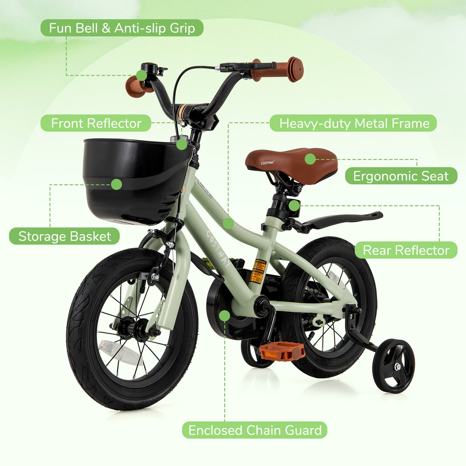 12-Inch Kids Bike, Adjustable With Training Wheels, For 3-4 Years Old, Green Kids Bike at Gallery Canada