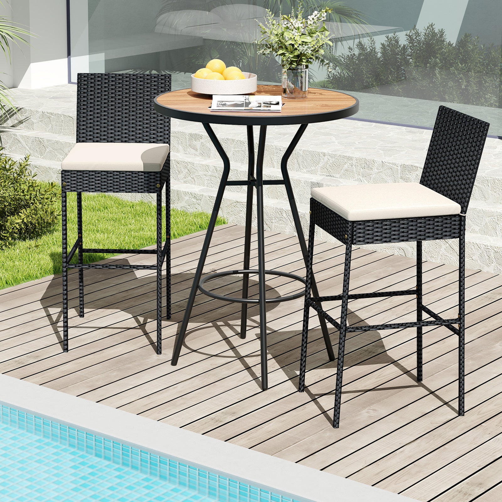 Wicker Barstools With Footrest, Backrest, Set Of 4, Black Patio Bar Furniture at Gallery Canada