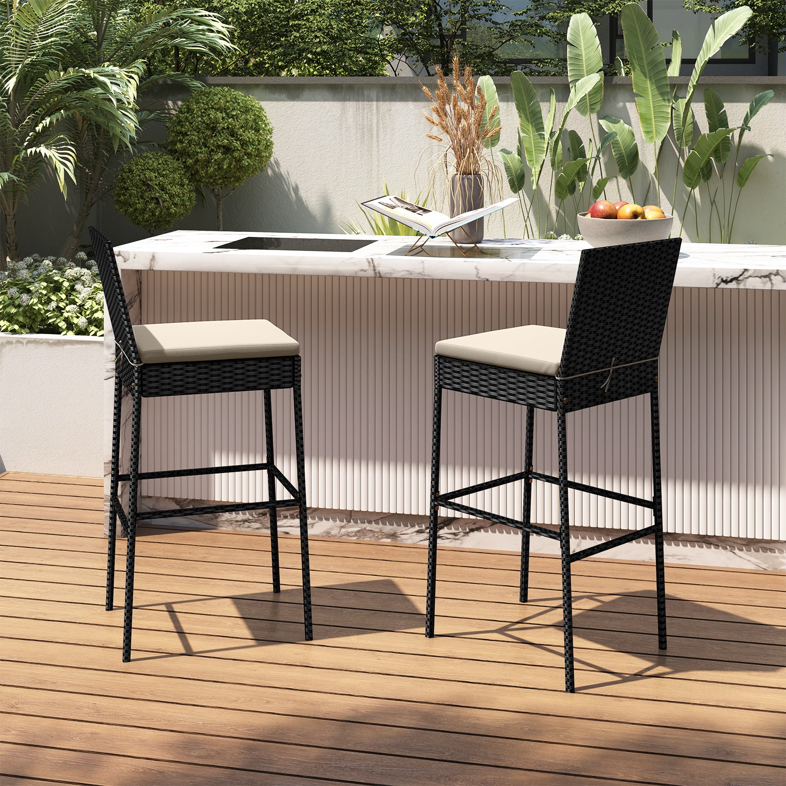Wicker Barstools With Footrest, Backrest, Set Of 4, Black Patio Bar Furniture at Gallery Canada