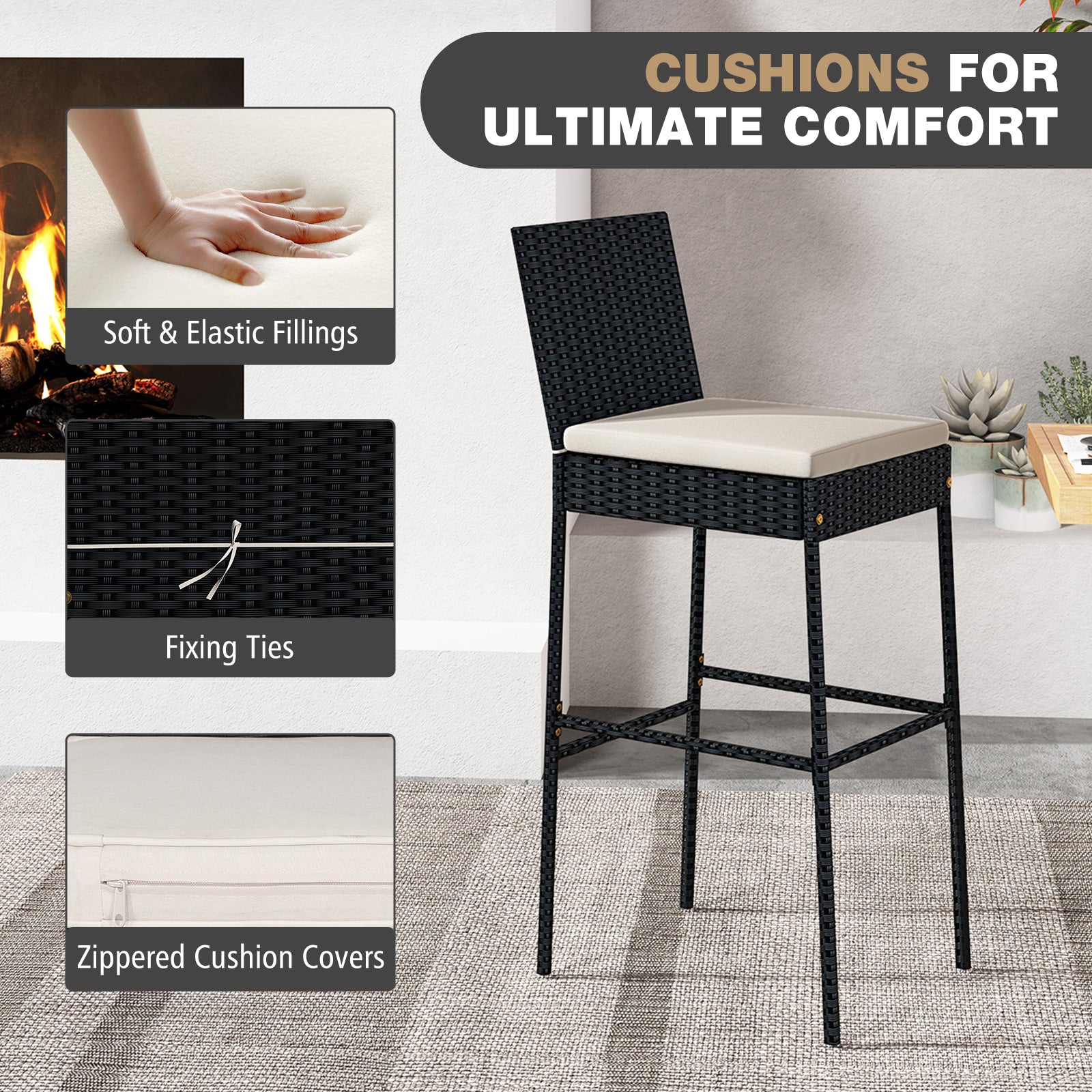 Wicker Barstools With Footrest, Backrest, Set Of 4, Black Patio Bar Furniture at Gallery Canada