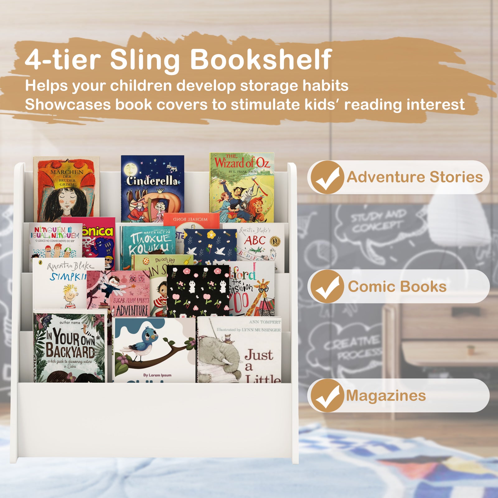 4-Tier Kids Bookshelf with Deep Compartments for Bedroom, White Kids Storage at Gallery Canada