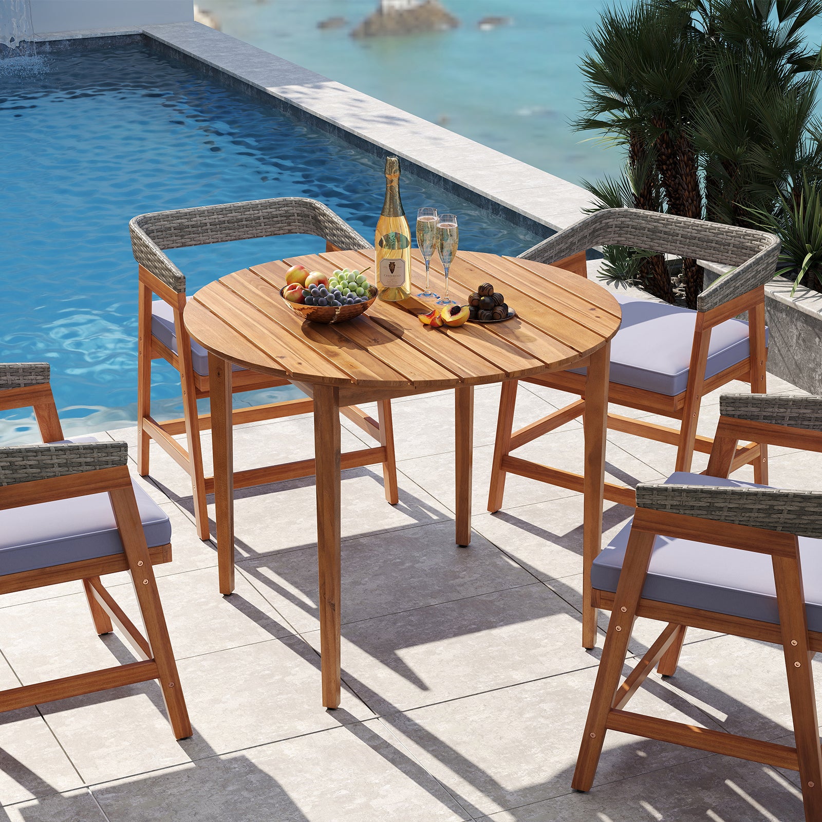 36 Inch Acacia Wood Round Outdoor Dining Table, For 4 People, Natural Patio Dining Tables at Gallery Canada