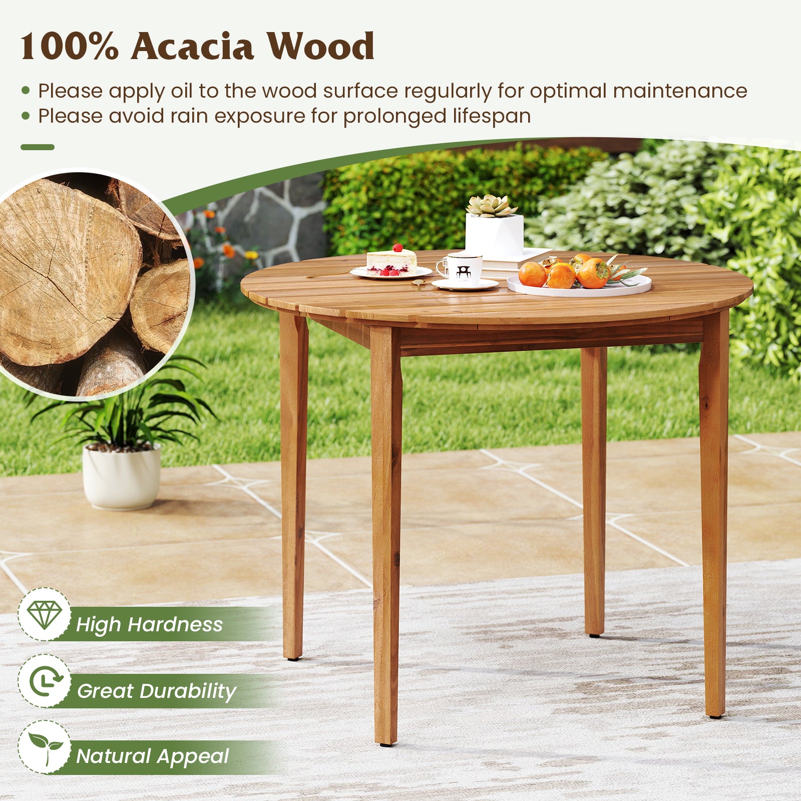 36 Inch Acacia Wood Round Outdoor Dining Table, For 4 People, Natural Patio Dining Tables at Gallery Canada