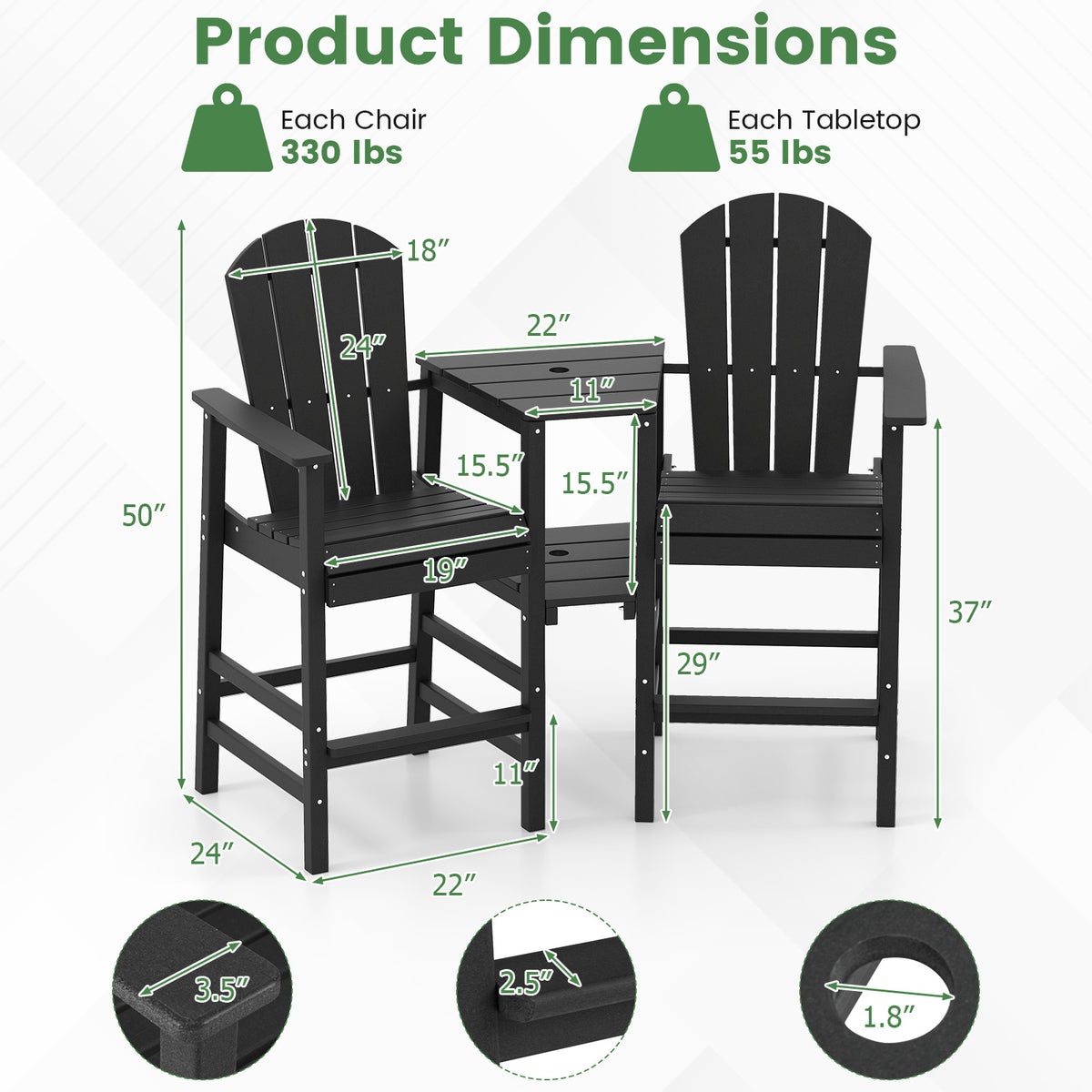 2-Seat Adirondack Chair, All-Weather With Double Connecting Tray, Black Adirondack Chairs at Gallery Canada