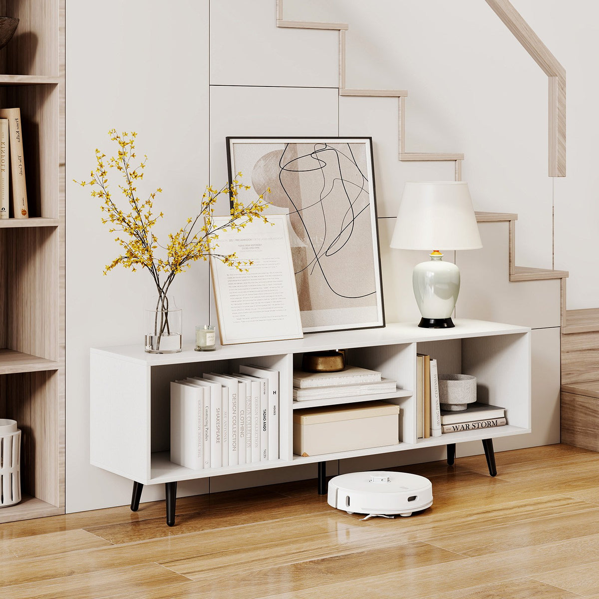 47.5 Inches TV Stand for 55-Inch TV with Compartments and Metal Legs, White Entertainment Centers & TV Stands at Gallery Canada