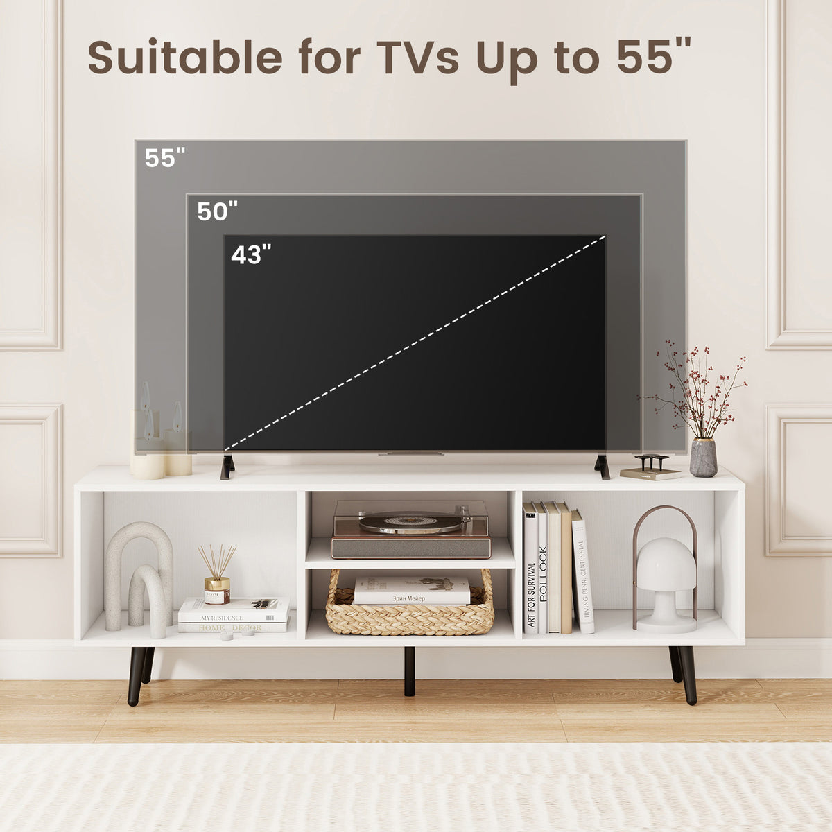 47.5 Inches TV Stand for 55-Inch TV with Compartments and Metal Legs, White Entertainment Centers & TV Stands at Gallery Canada