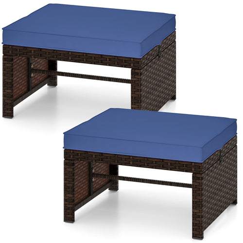 Outdoor Patio PE Rattan Ottoman Footstool, 2 Pieces, Navy