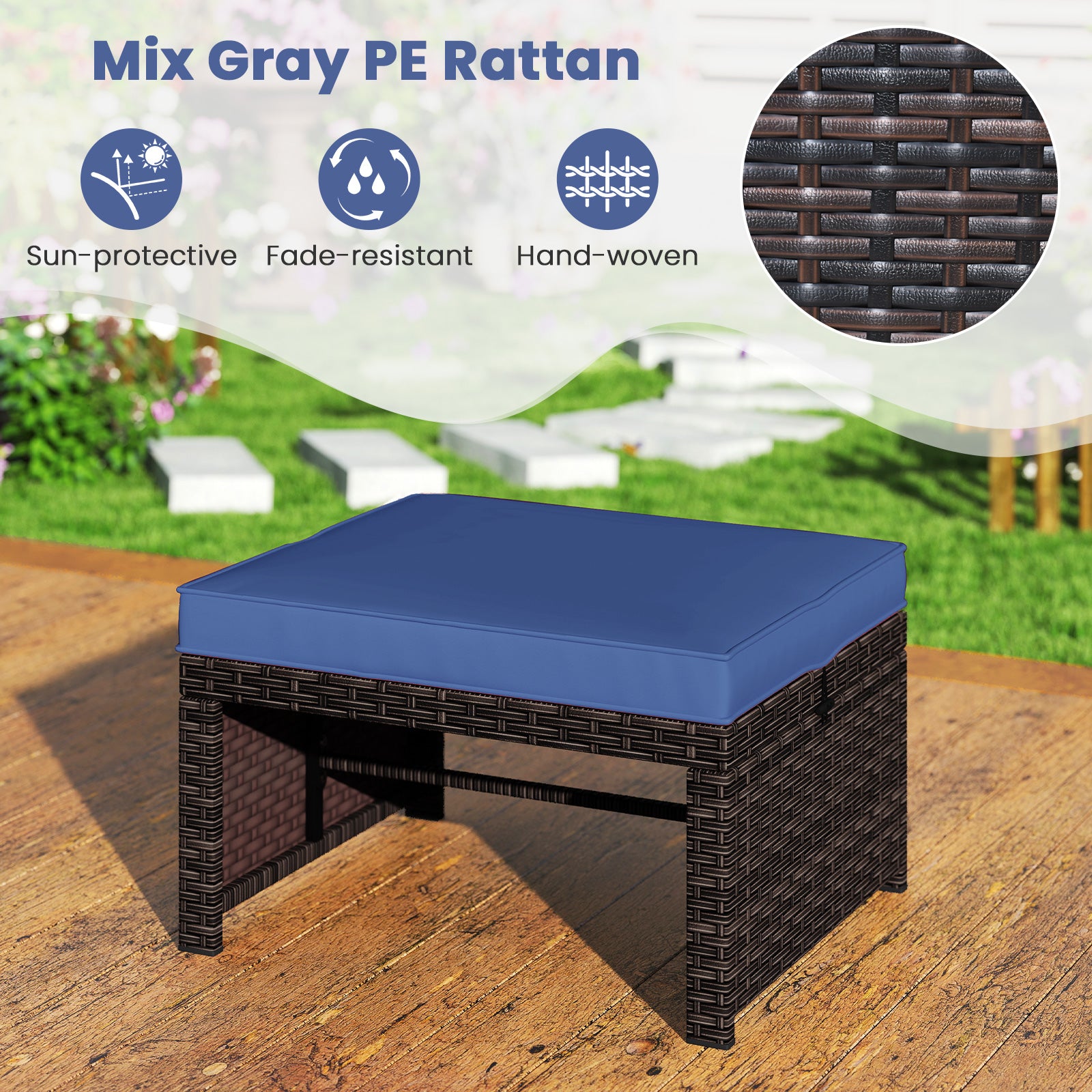 Outdoor Patio PE Rattan Ottoman Footstool, 2 Pieces, Navy Outdoor Seating & Patio Chairs at Gallery Canada