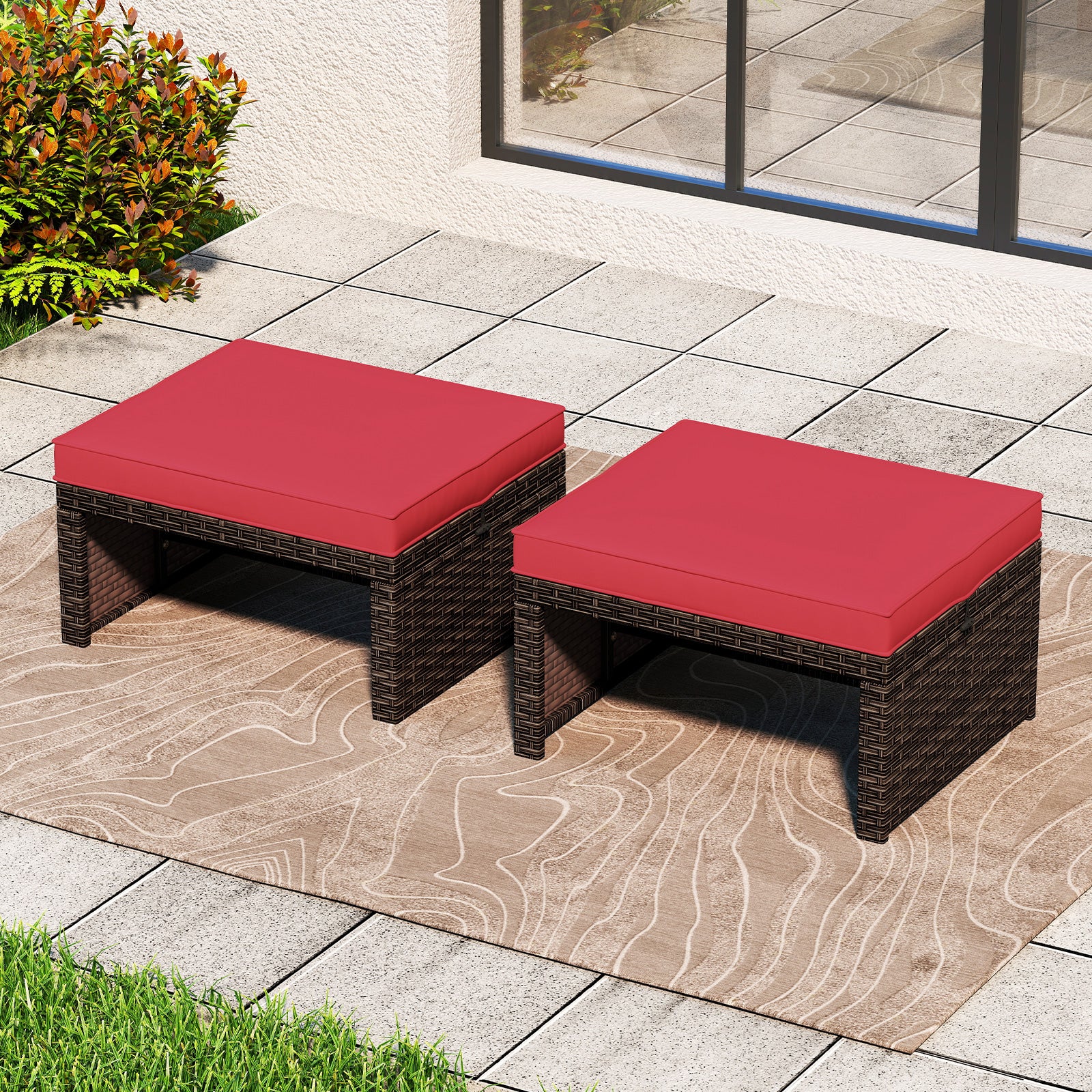 Outdoor 2 Piece PE Rattan Ottoman Footstool, Red Outdoor Seating & Patio Chairs at Gallery Canada