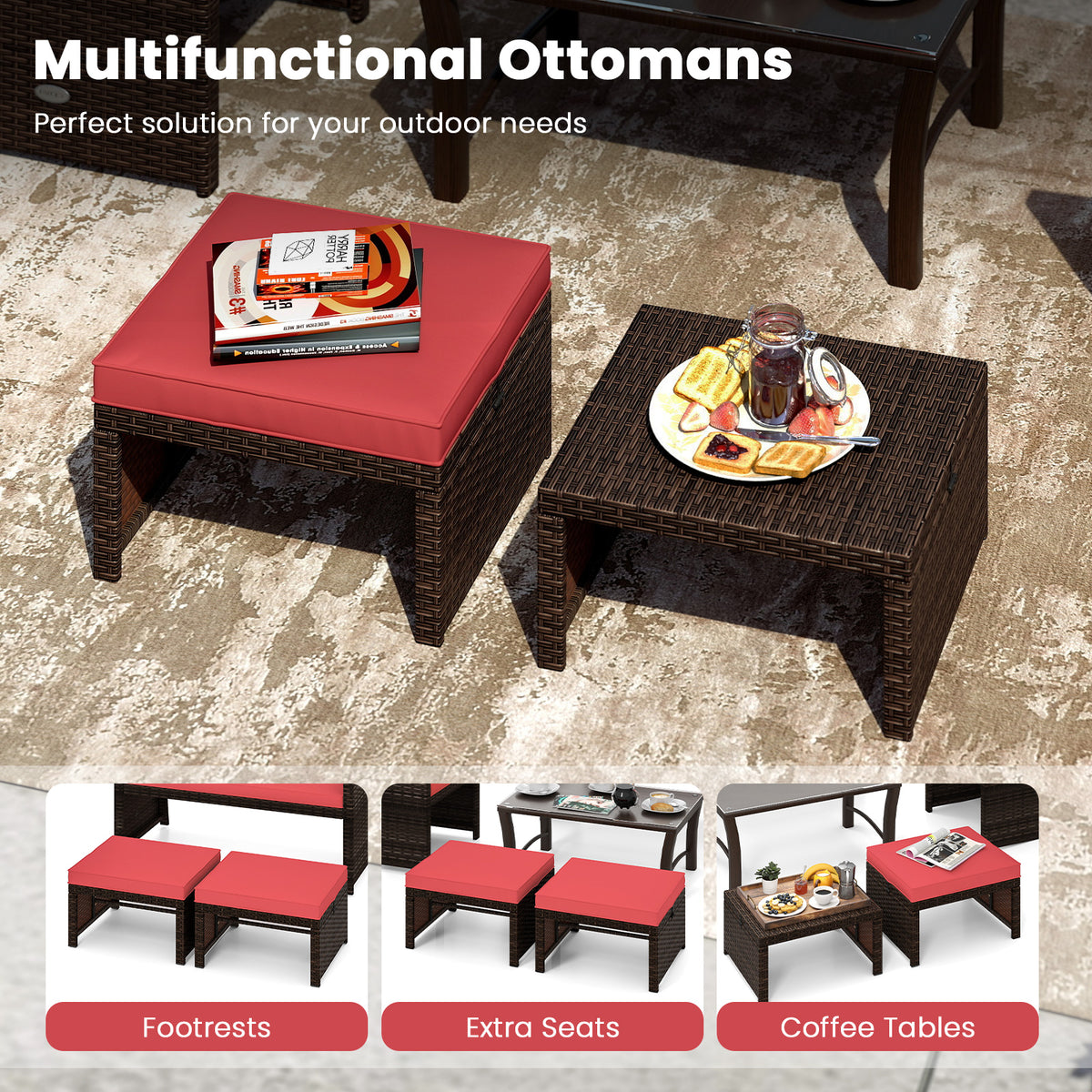 Outdoor 2 Piece PE Rattan Ottoman Footstool, Red Outdoor Seating & Patio Chairs at Gallery Canada