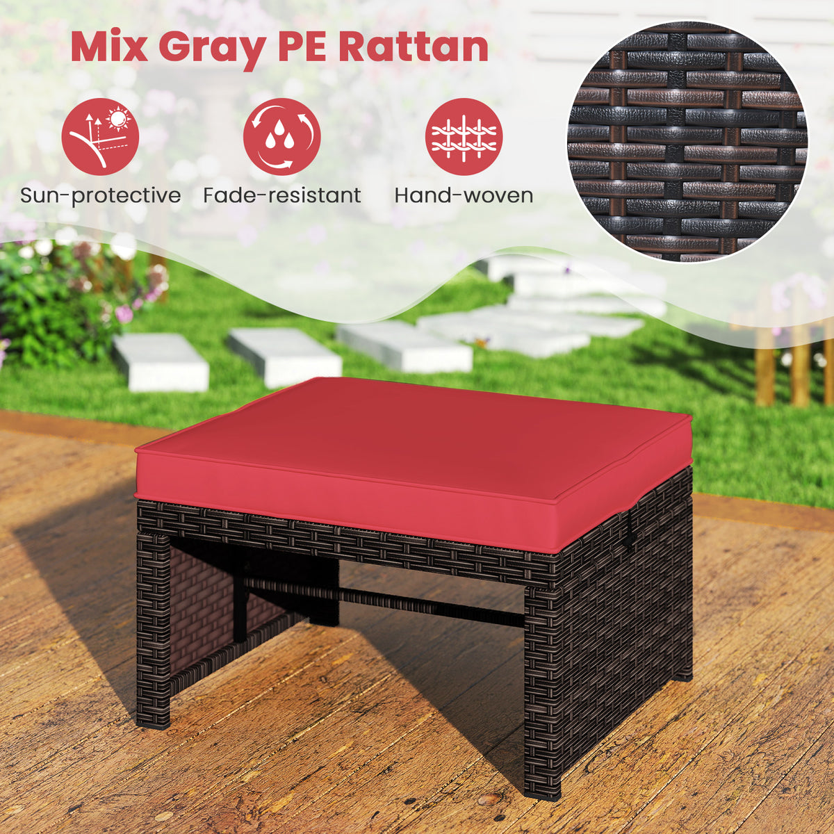 Outdoor 2 Piece PE Rattan Ottoman Footstool, Red Outdoor Seating & Patio Chairs at Gallery Canada