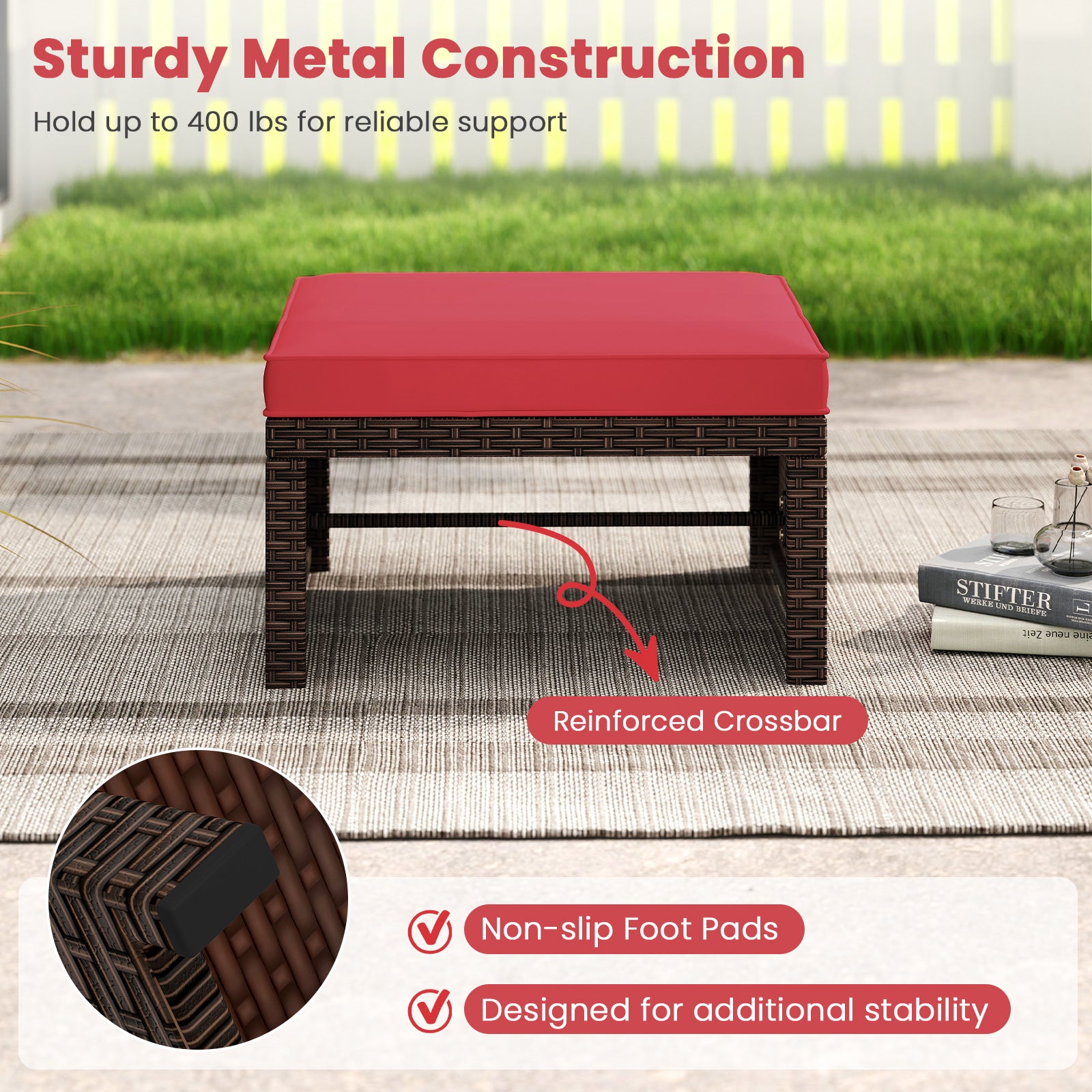 Outdoor 2 Piece PE Rattan Ottoman Footstool, Red Outdoor Seating & Patio Chairs at Gallery Canada