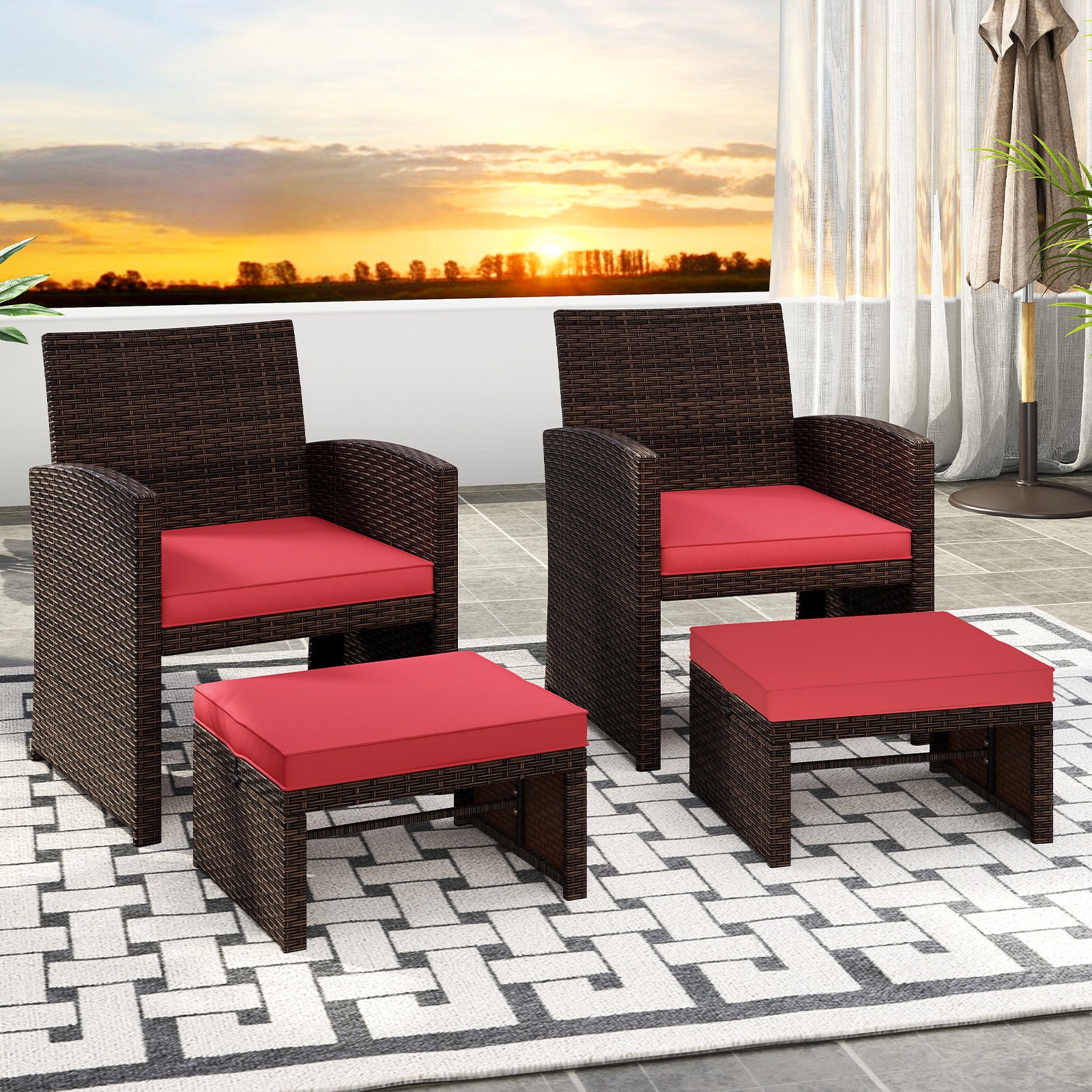 Outdoor 2 Piece PE Rattan Ottoman Footstool, Red Outdoor Seating & Patio Chairs at Gallery Canada