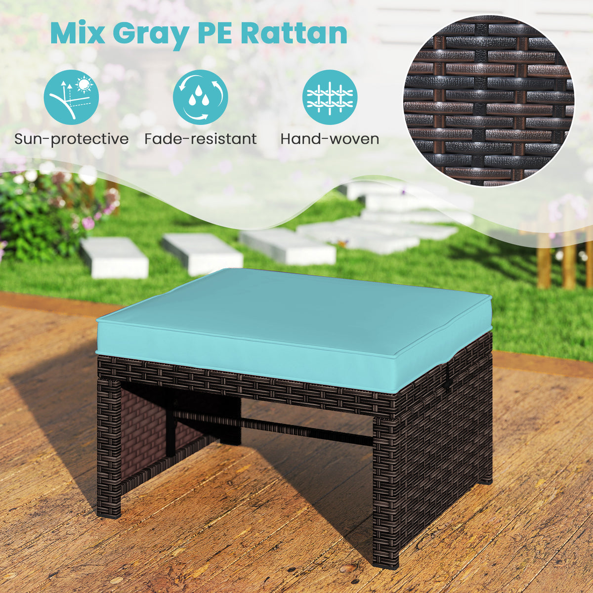 Outdoor Patio PE Rattan Ottoman, Turquoise Outdoor Seating & Patio Chairs at Gallery Canada