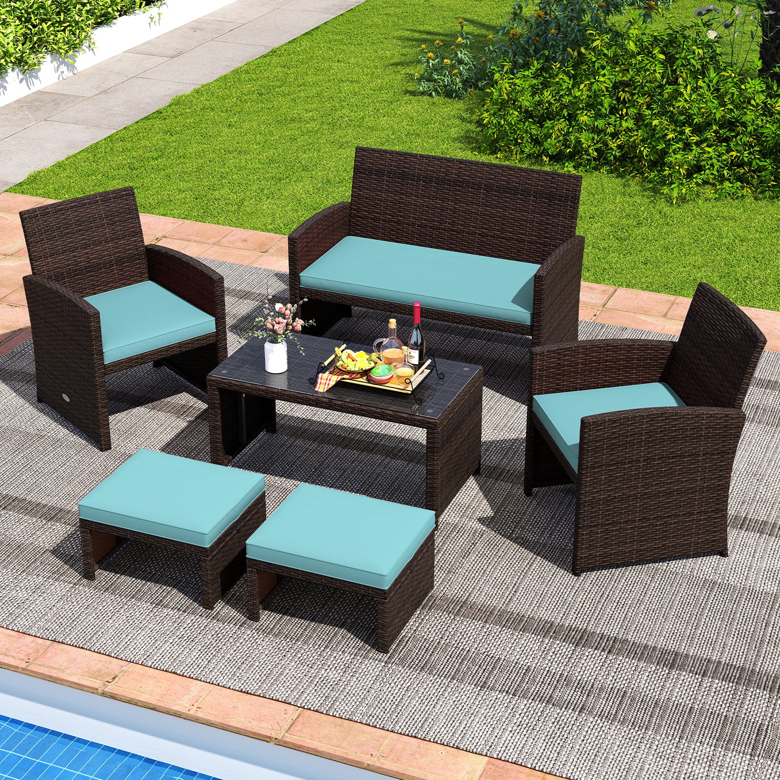 Outdoor Patio PE Rattan Ottoman, Turquoise Outdoor Seating & Patio Chairs at Gallery Canada