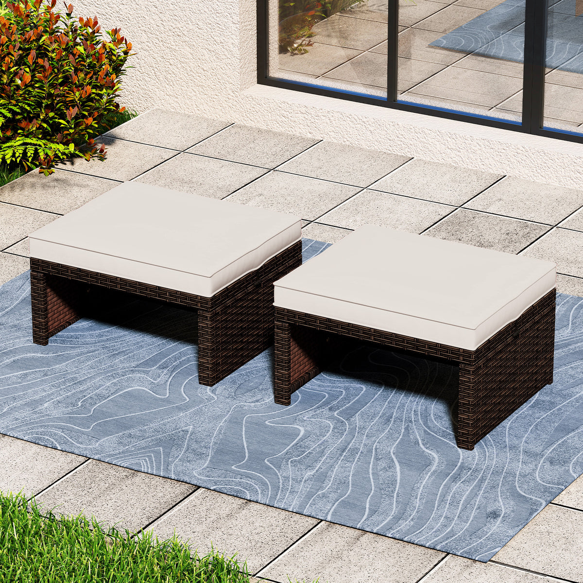 Outdoor Patio PE Rattan Ottoman Footstool, 2 Pieces, White Outdoor Seating & Patio Chairs at Gallery Canada